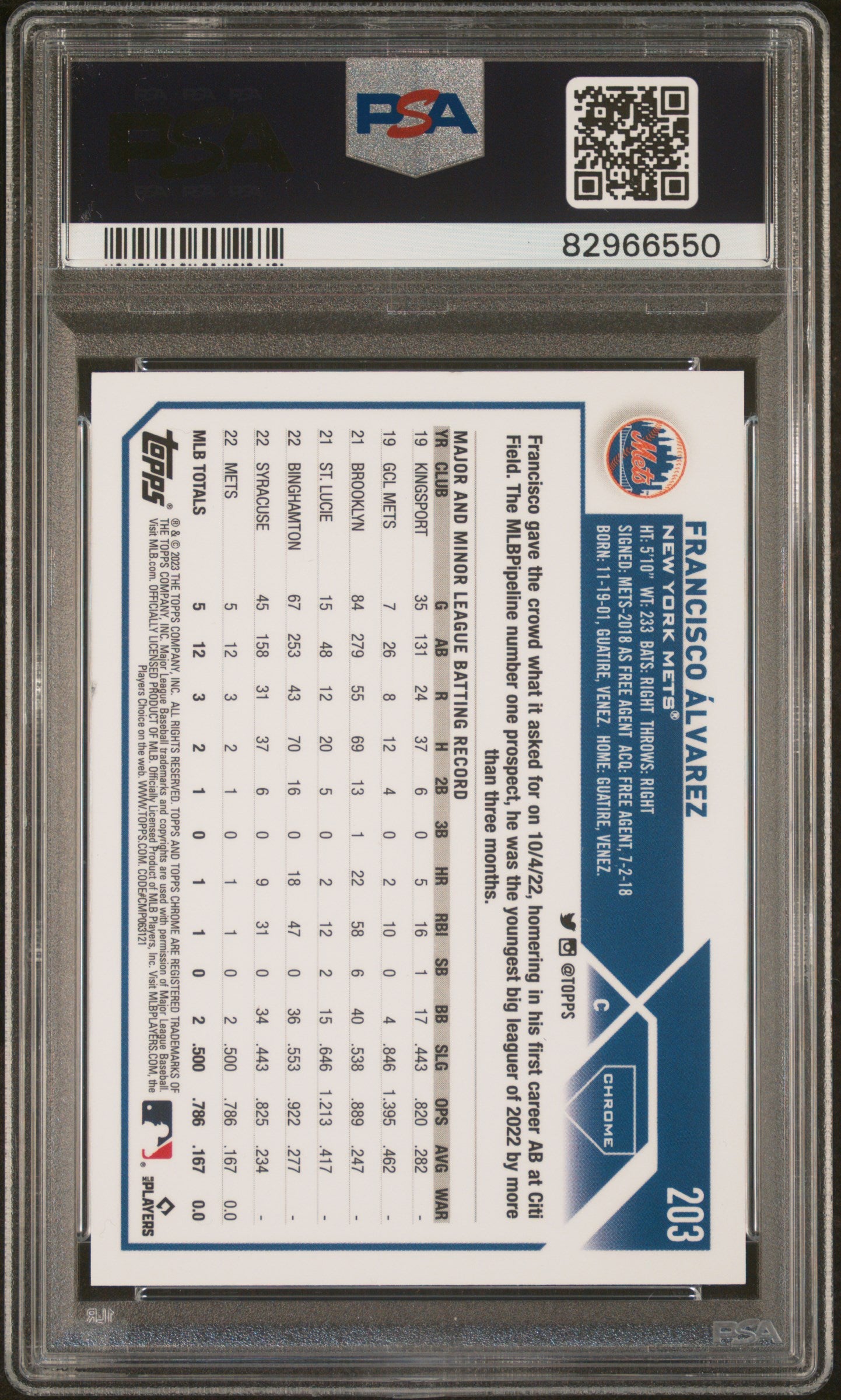 2023 Topps Chrome Magenta Speckle Francisco Alvarez #203 RC PSA 9