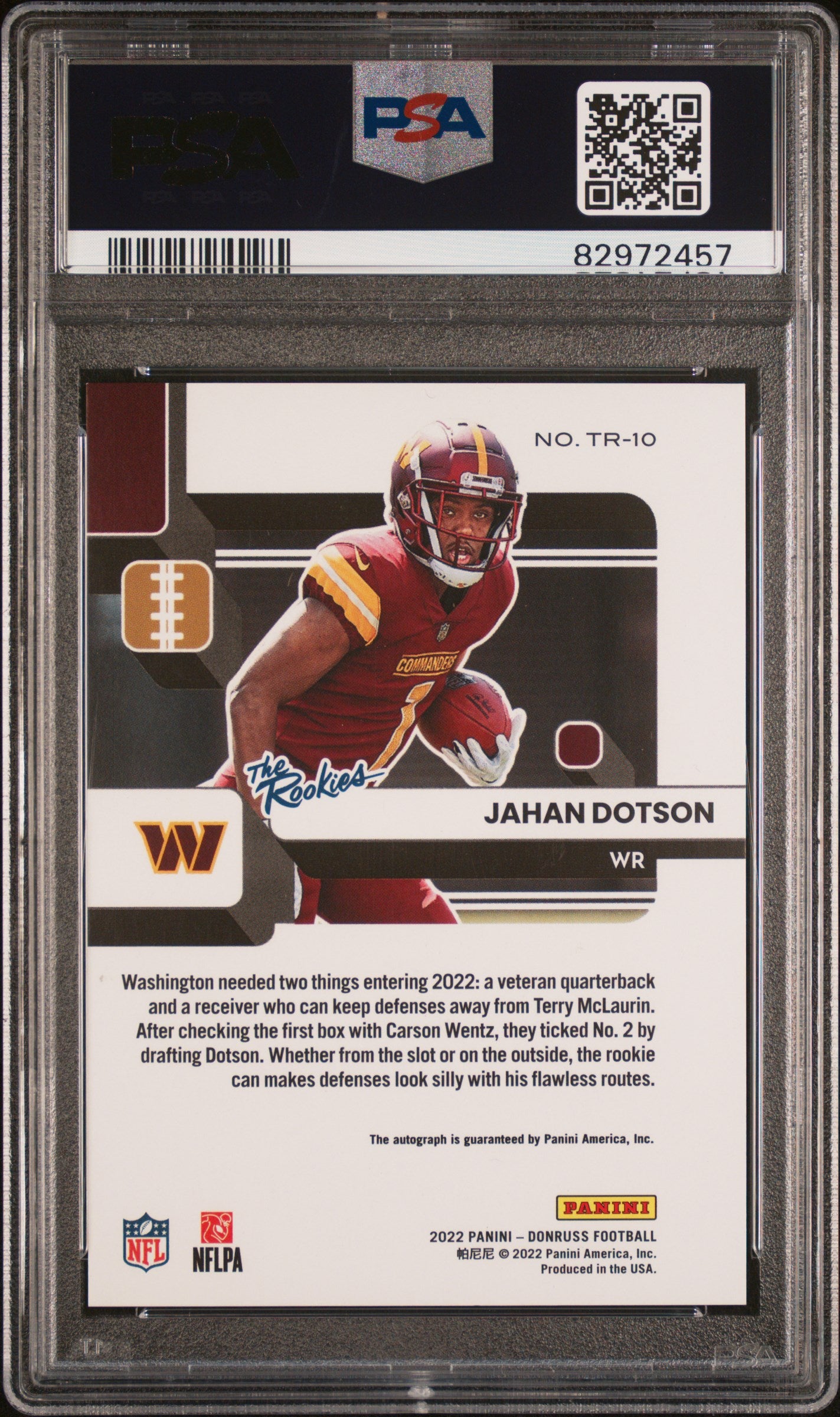 2022 Panini Donruss The Rookies Jahan Dotson #TR10 Auto /99 PSA 9 Auto 10