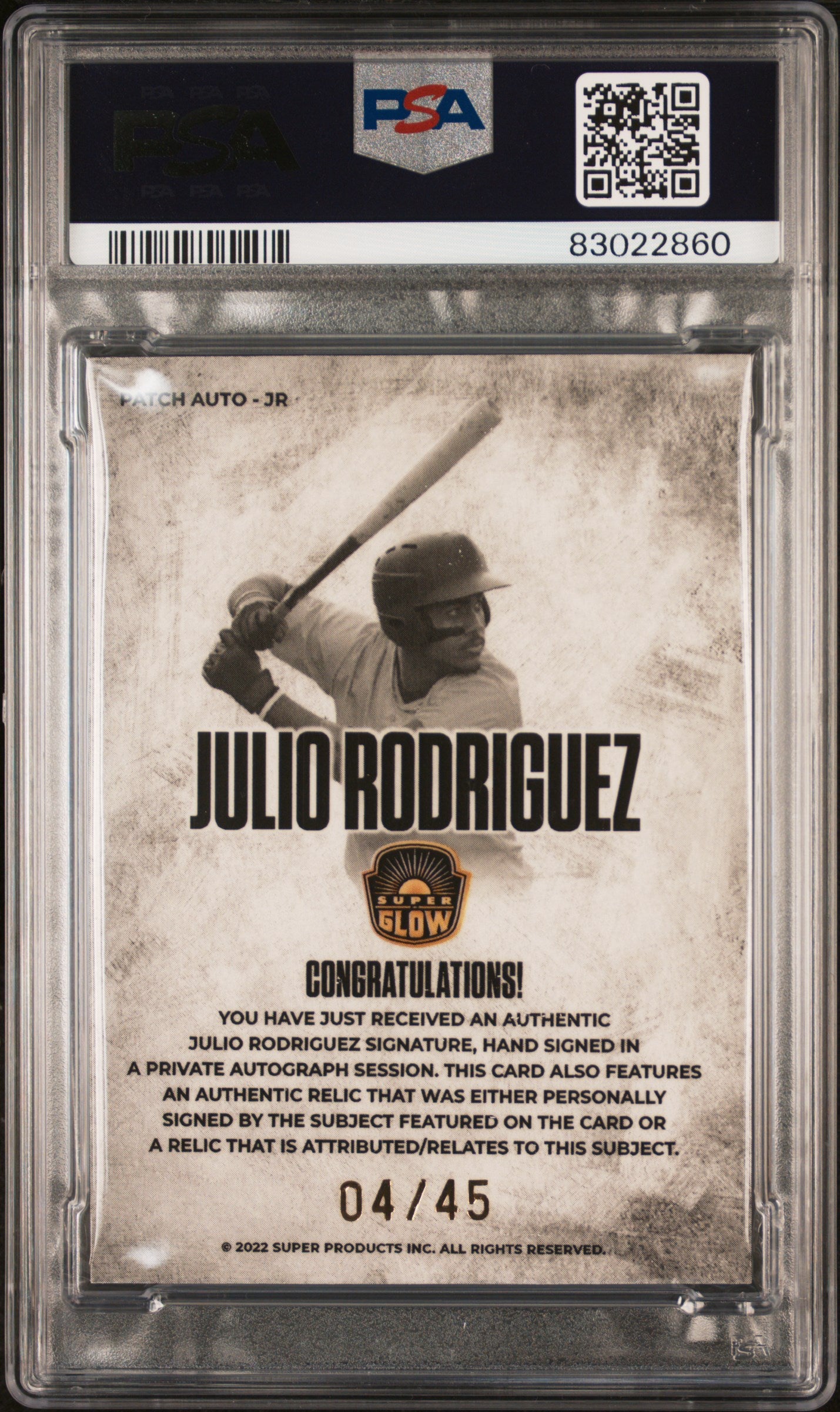 2022 Super Glow Opal Edition Julio Rodriguez #JR Patch Auto /45 PSA 9