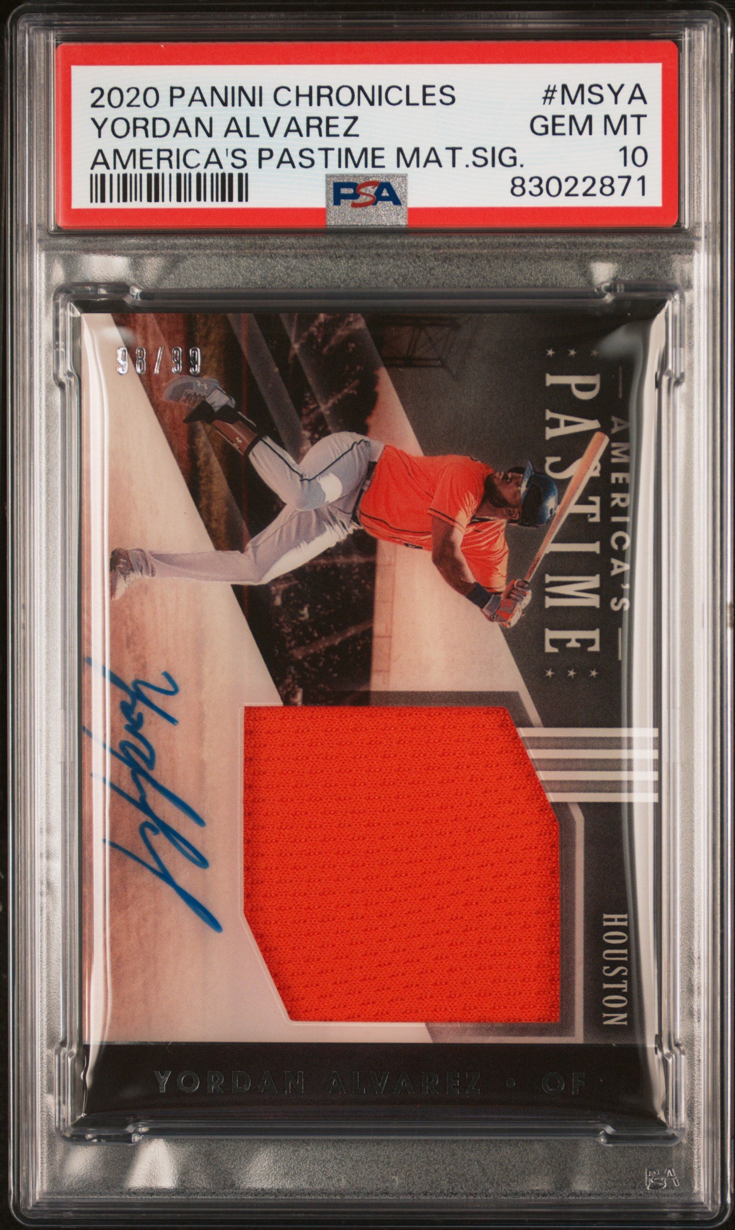 2020 Panini Chronicles Amer. Pastime Yordan Alvarez #MS-YA Patch Auto /99 PSA 10