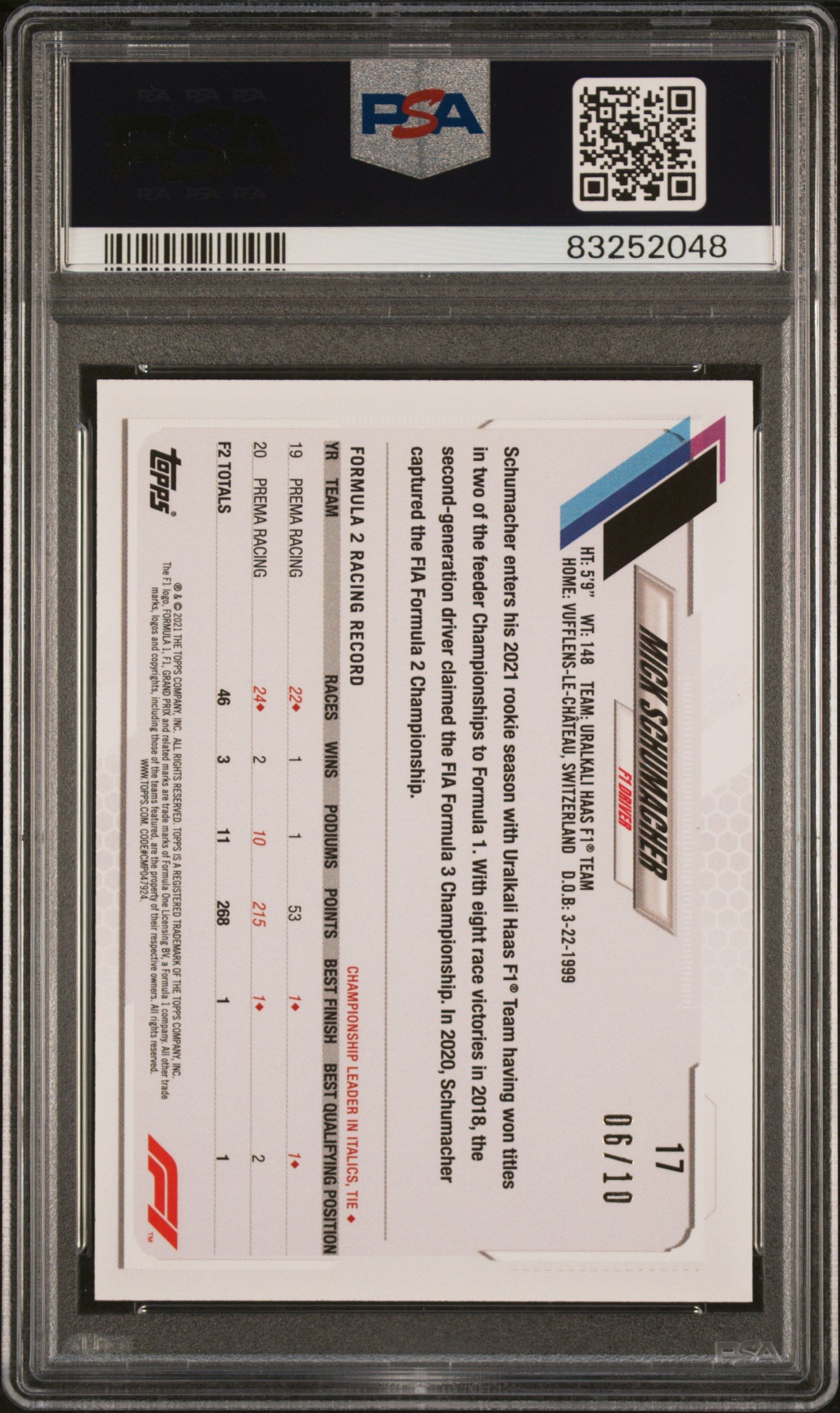 2021 Topps Formula 1 Black Mick Schumacher #17 /10 PSA 9