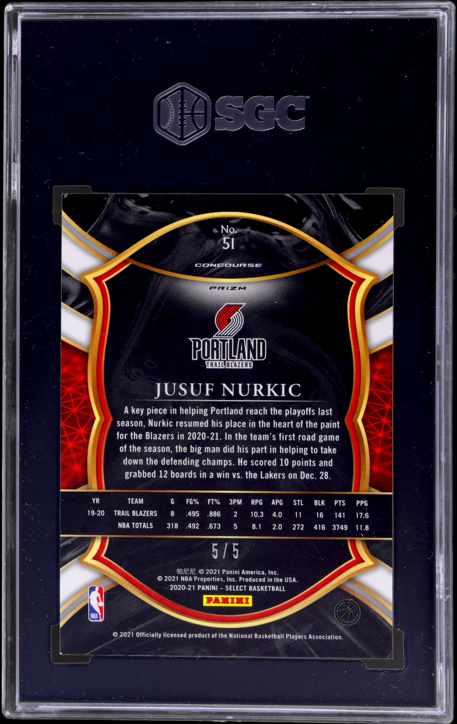 2020-21 Panini Select Green Disco Jusuf Nurkic #51 5/5 SGC 9