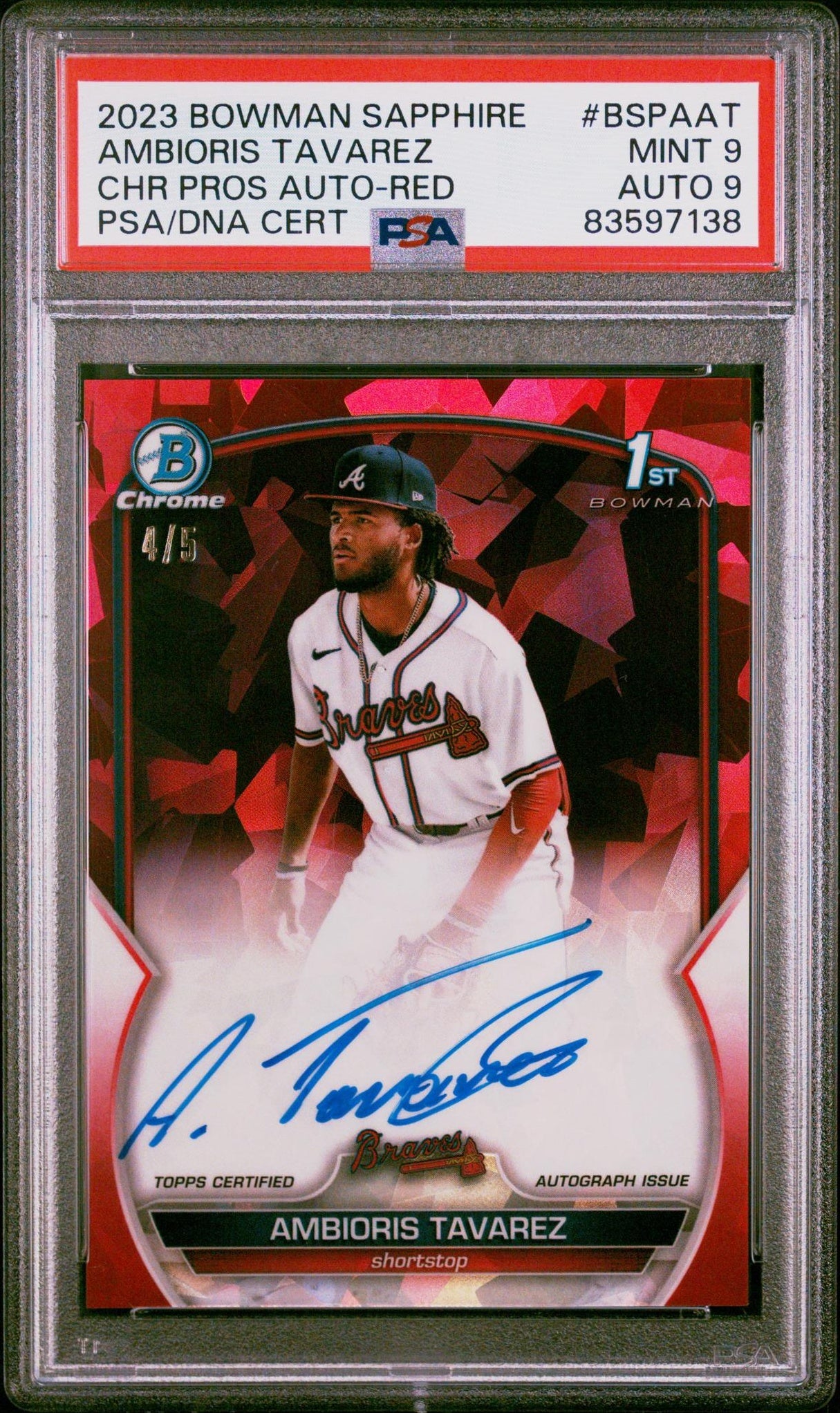 2023 Bowman Chrome Sapphire #BSPAAT Ambioris Tavarez Prospect Autograph Red Refractor /5 PSA 9