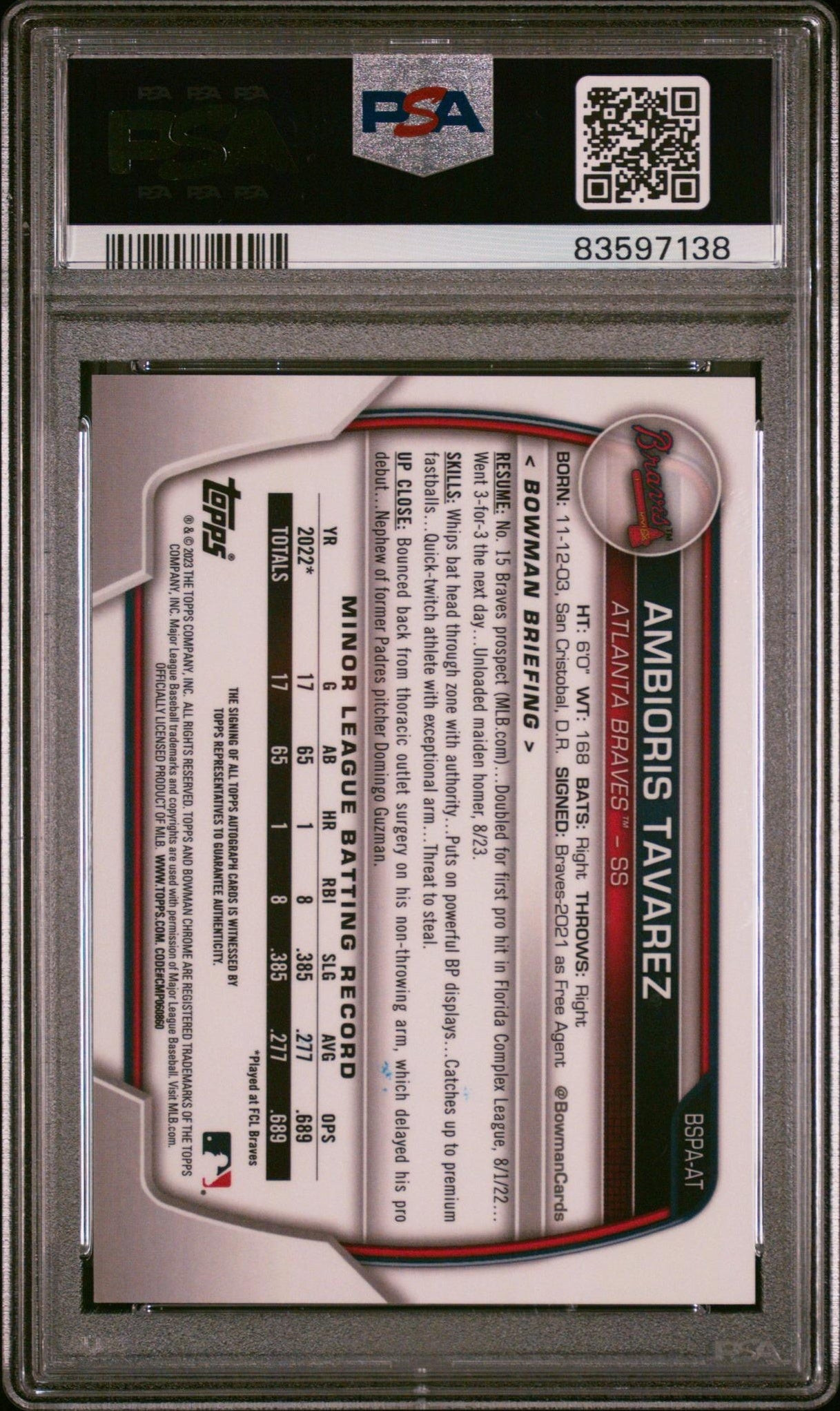 2023 Bowman Chrome Sapphire #BSPAAT Ambioris Tavarez Prospect Autograph Red Refractor /5 PSA 9