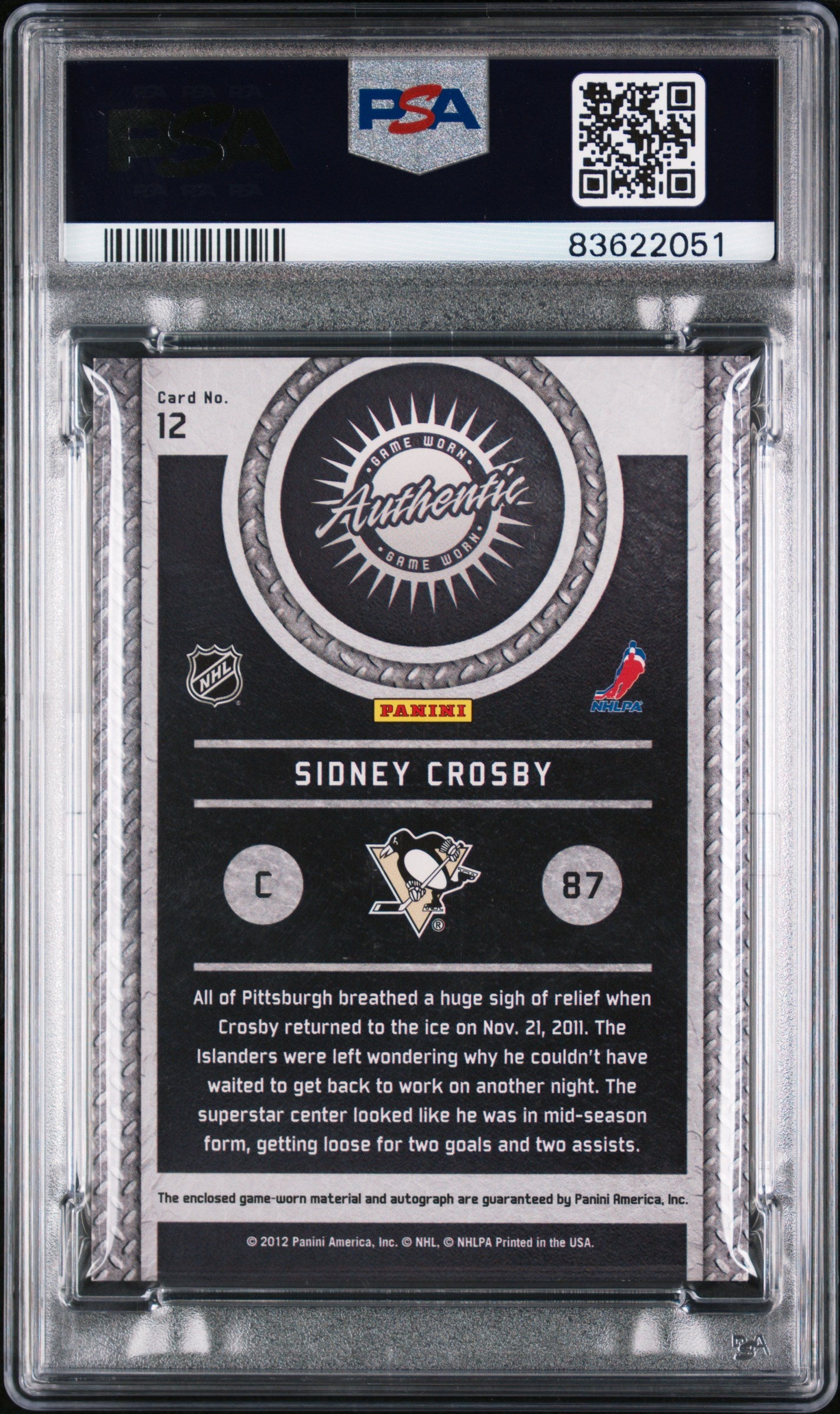 2011 Panini Titanium Game Worn Gear Autograph Sidney Crosby #12 /10 PSA 9