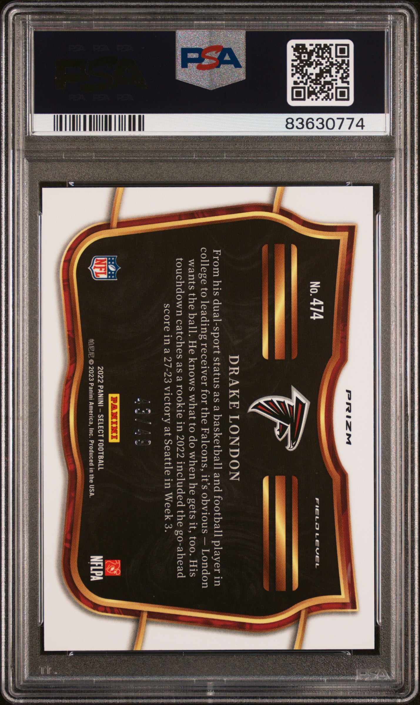 2022 Panini Select Blue Prizm Drake London #474 RC Field Level /149 PSA 10