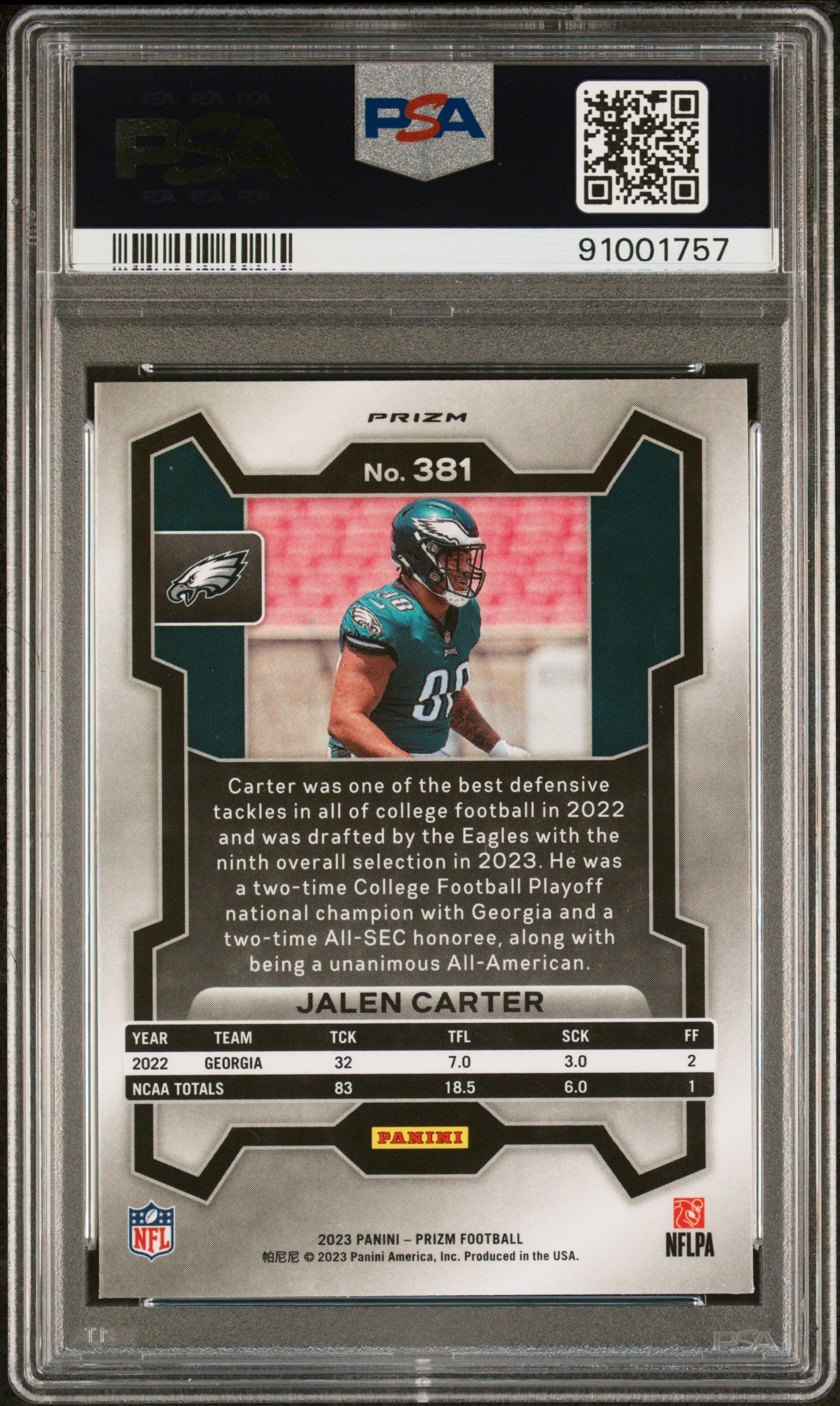 2023 Panini Prizm Green Wave Prizm Jalen Carter #381 PSA 8
