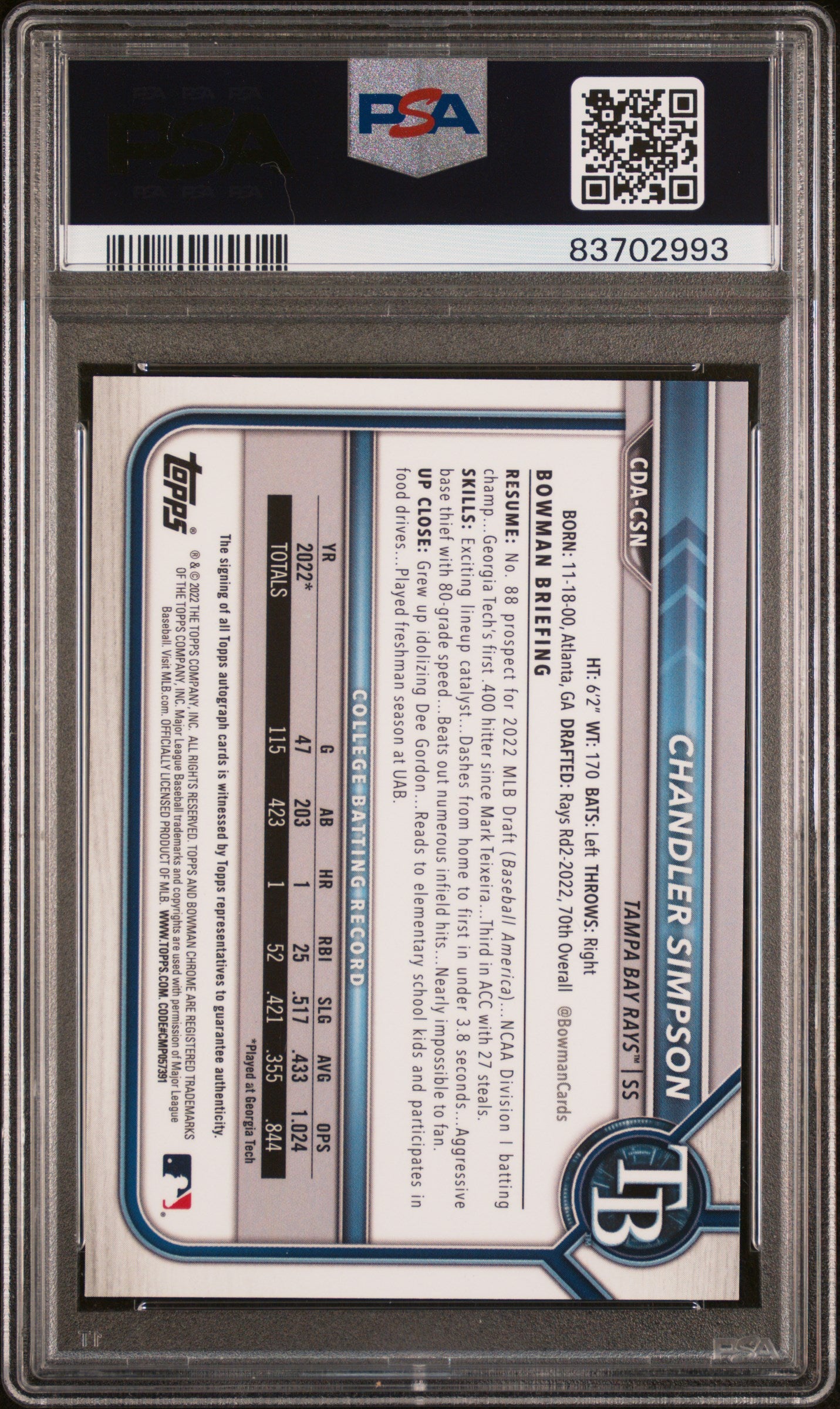 2022 Bowman Draft Sparkle Refractor Chandler Simpson #CDA-CSN Auto /71 PSA 10