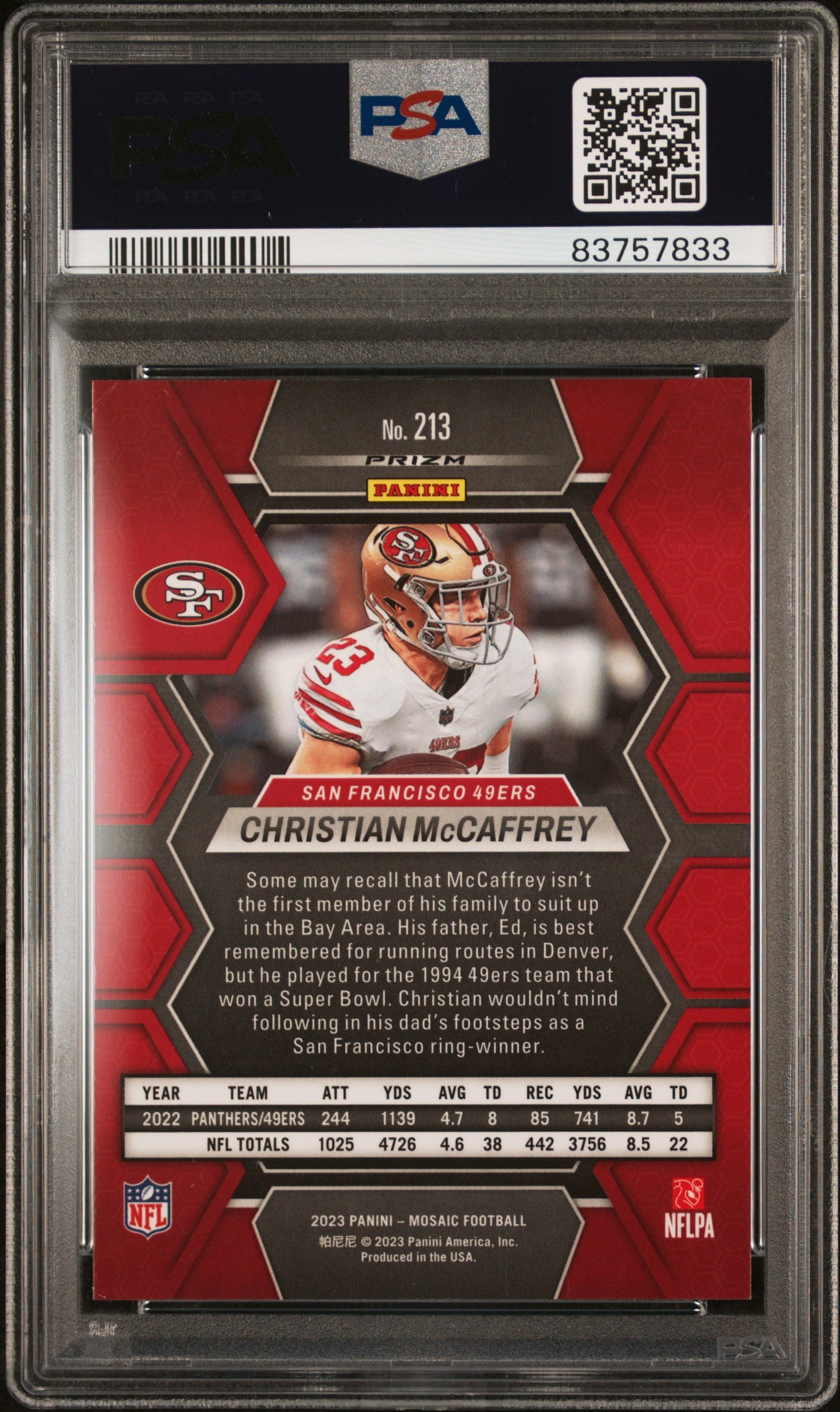 2023 Panini Mosaic Honeycomb Christian McCaffrey #213 PSA 10