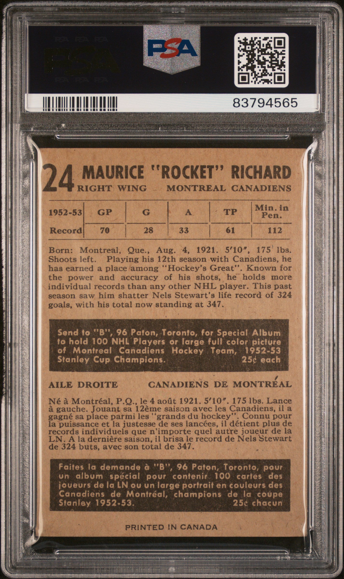 1953 Parkhurst Maurice Richard #24 PSA 2