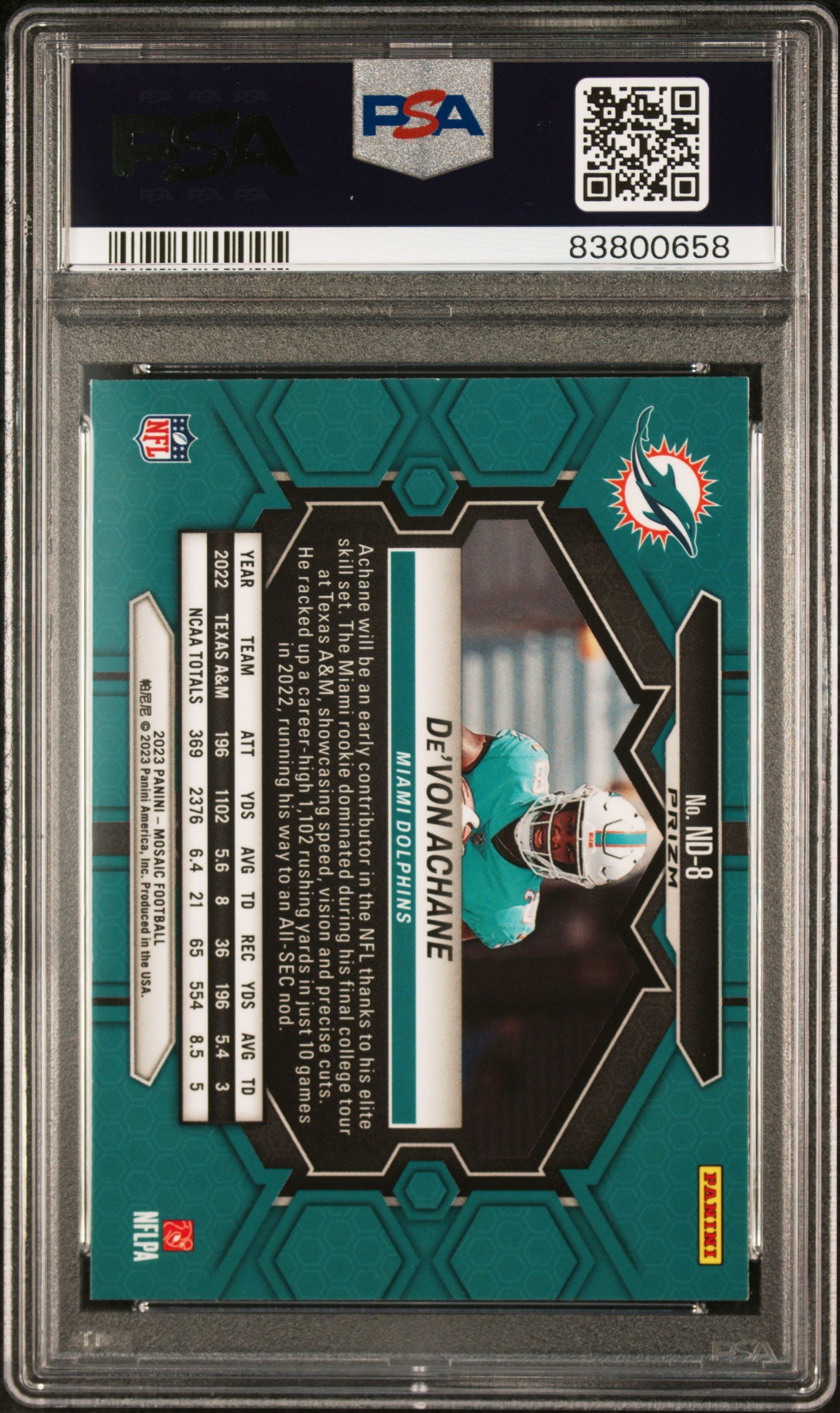 2023 Panini Mosaic NFL Debut Mosaic Green De'Von Achane #8 PSA 9