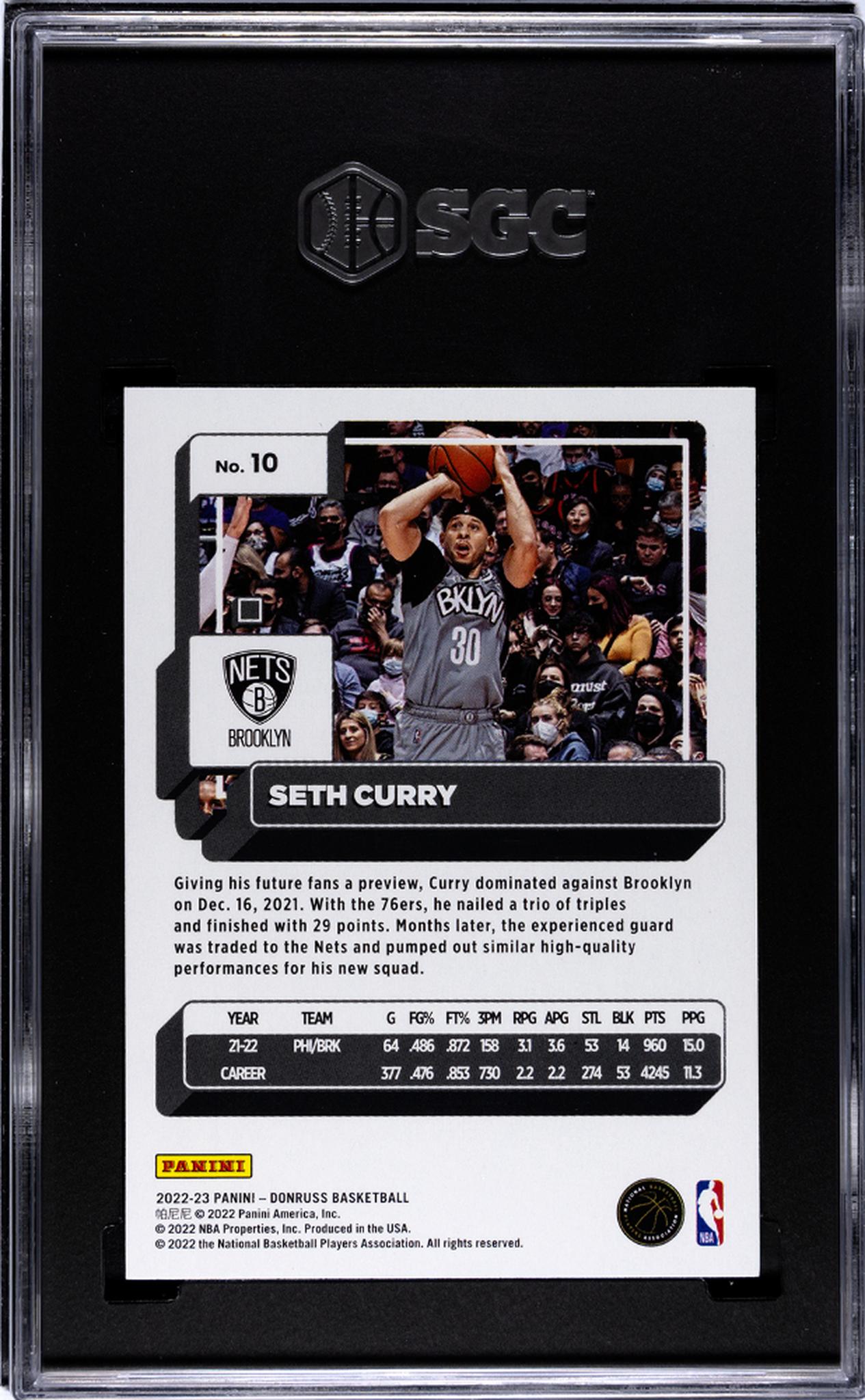2022-23 Donruss Seth Curry #10 SGC 9.5