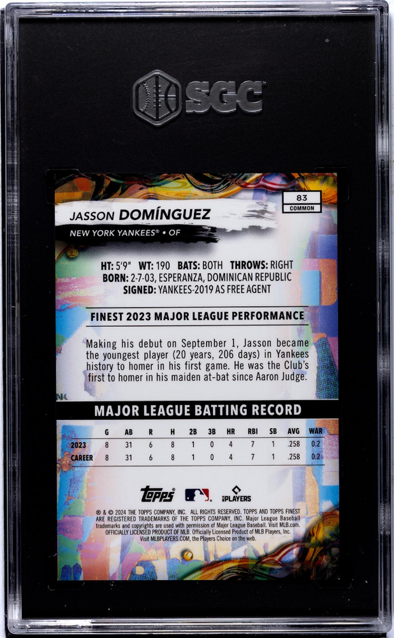 2024 Topps Finest #83 Jasson Dominguez Purple Checkerboard Ref SGC 9.5