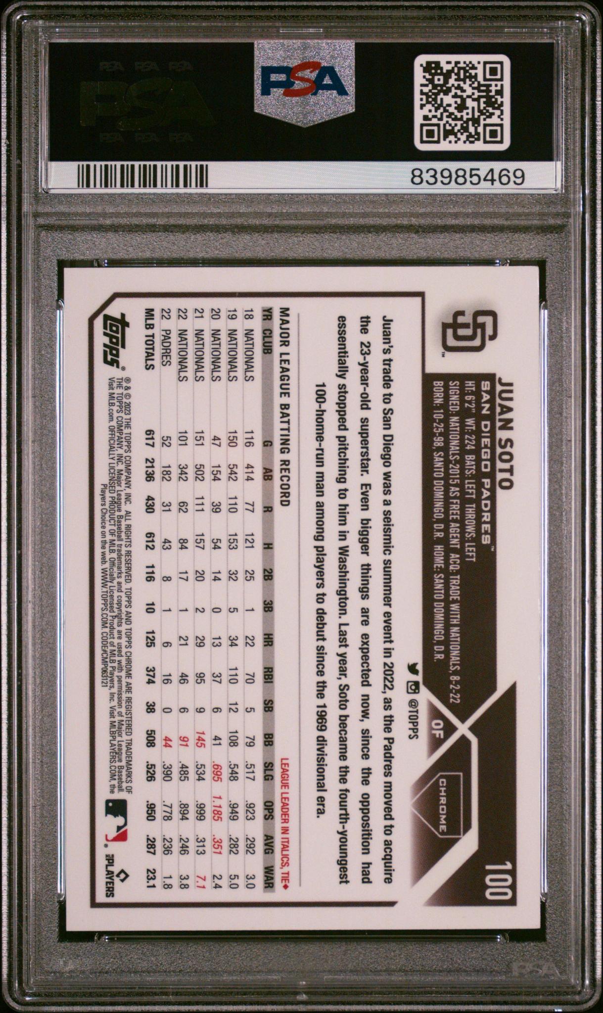 2023 Topps Chrome #100 Juan Soto Purple Refractor PSA 10