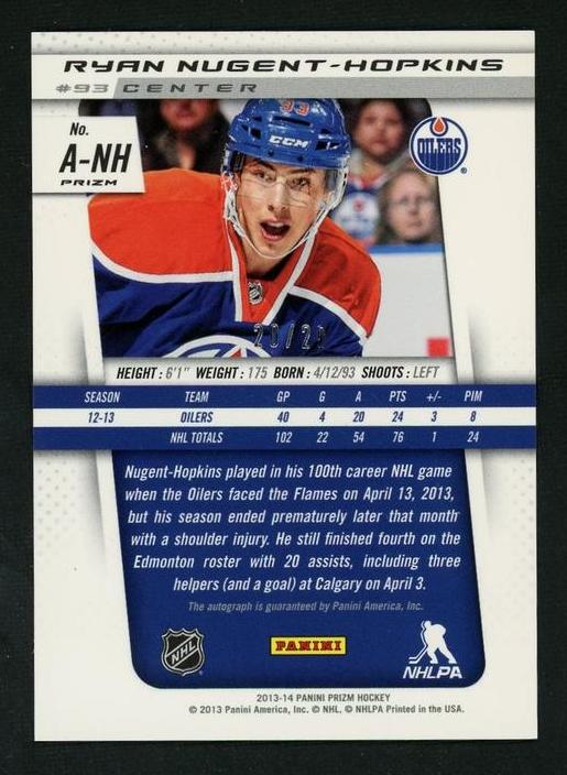 2013 Panini Prizm A-NH Ryan Nugent-Hopkins Edmonton Oilers Auto