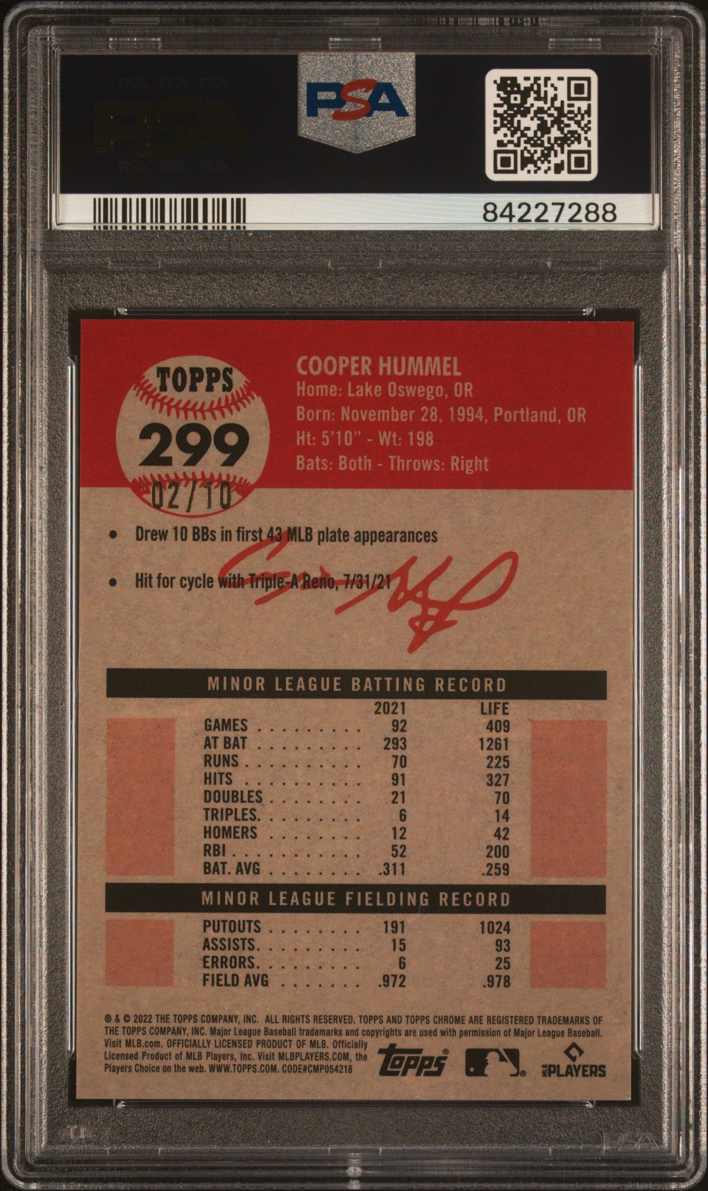 2022 Topps Chrome Platinum Anniversary #299 Cooper Hummel Platinum Toile Cream/Black Refractor PSA 9