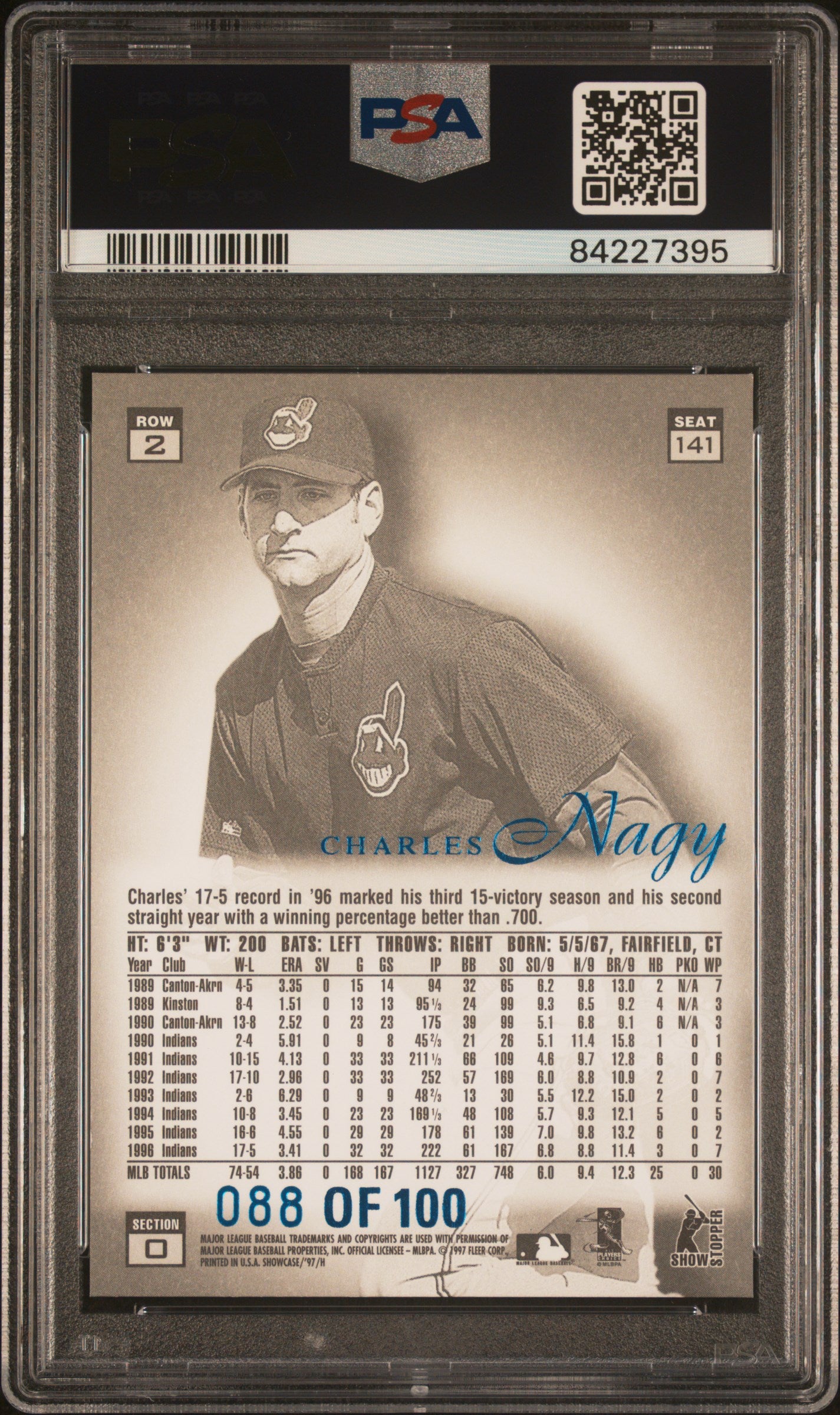 1997 Flair Showcase Legacy Charles Nagy #141 /100 PSA 8