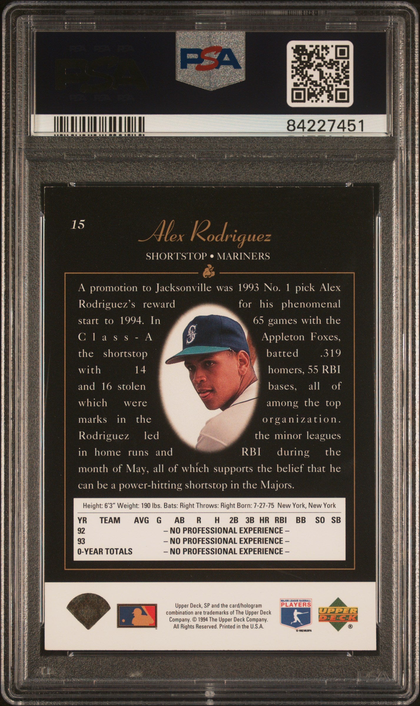 1994 Upper Deck SP Foil Alex Rodriguez #15 RC PSA 5