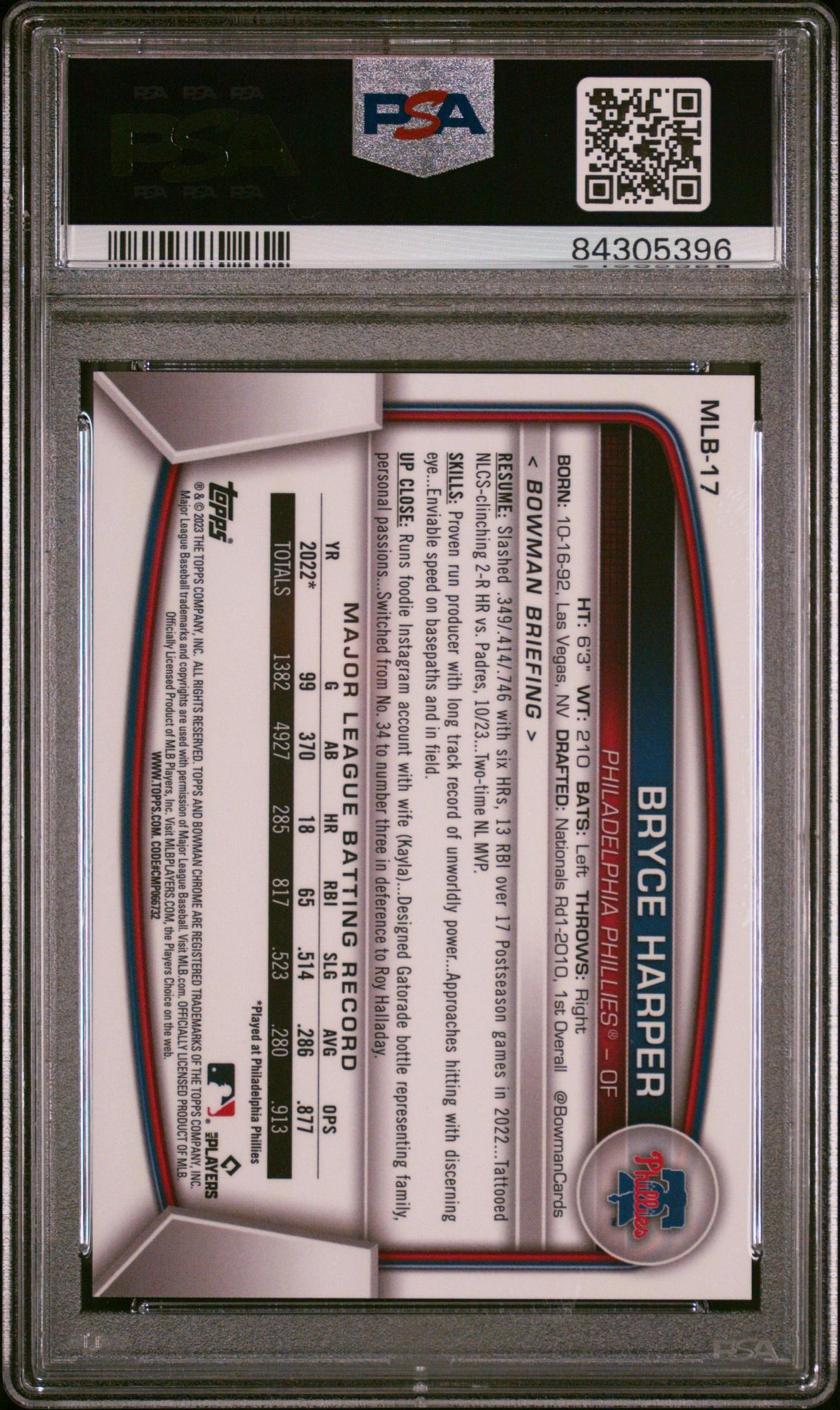 2023 Bowman Chrome #17 Bryce Harper Sparkle /99 PSA 10