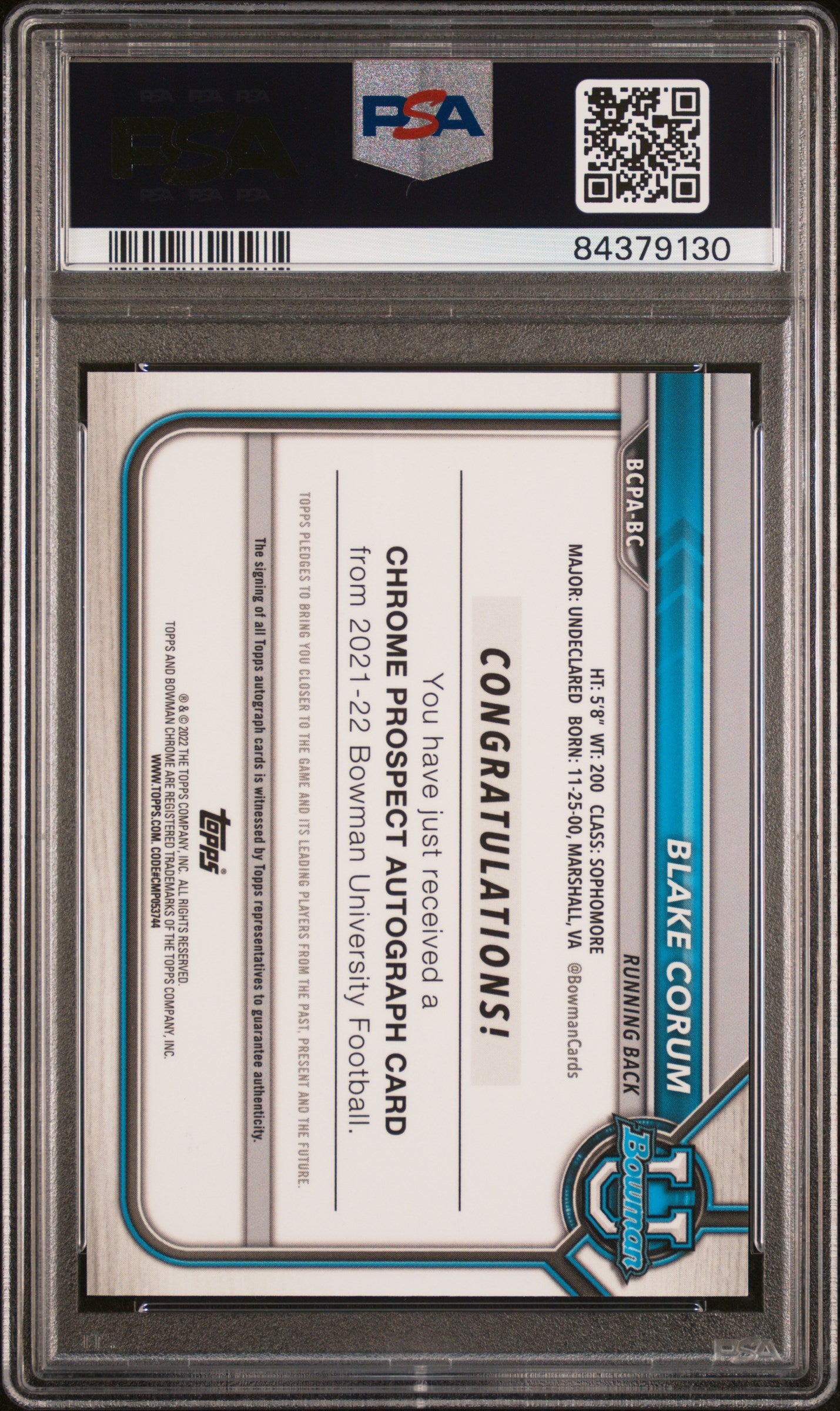 2021 Bowman U Chrome Yellow Refractor Blake Corum #BCPA-BC Auto /75 PSA 10