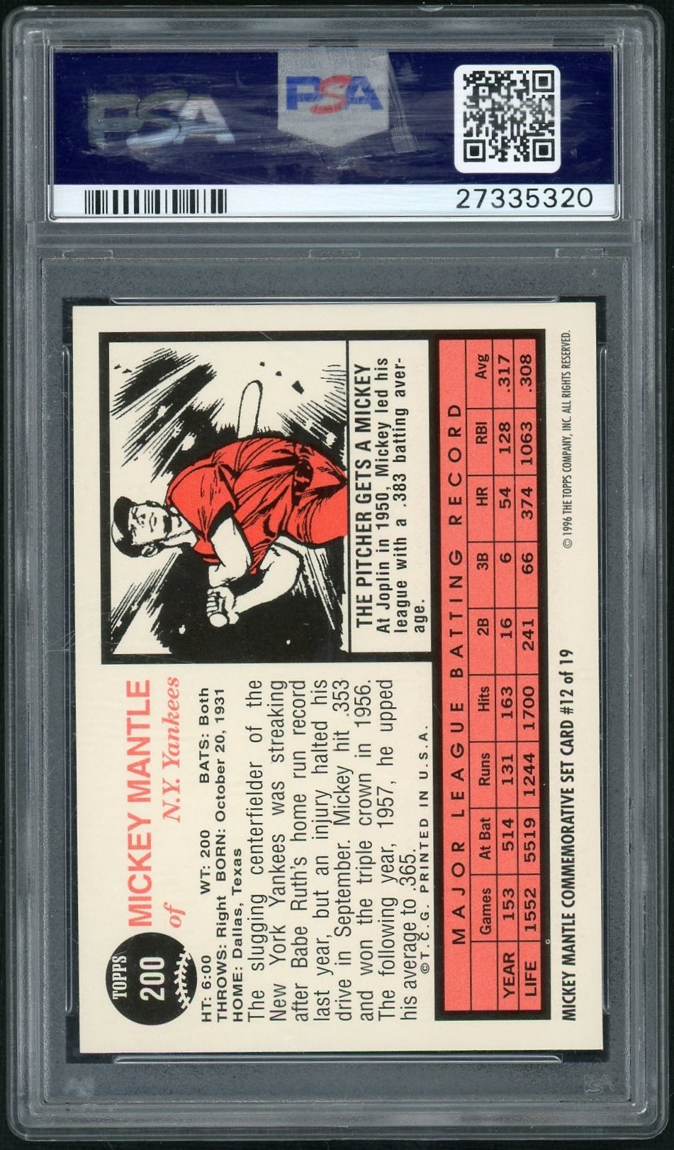 1996 Topps Reprint '62 Mickey Mantle #12 PSA 9