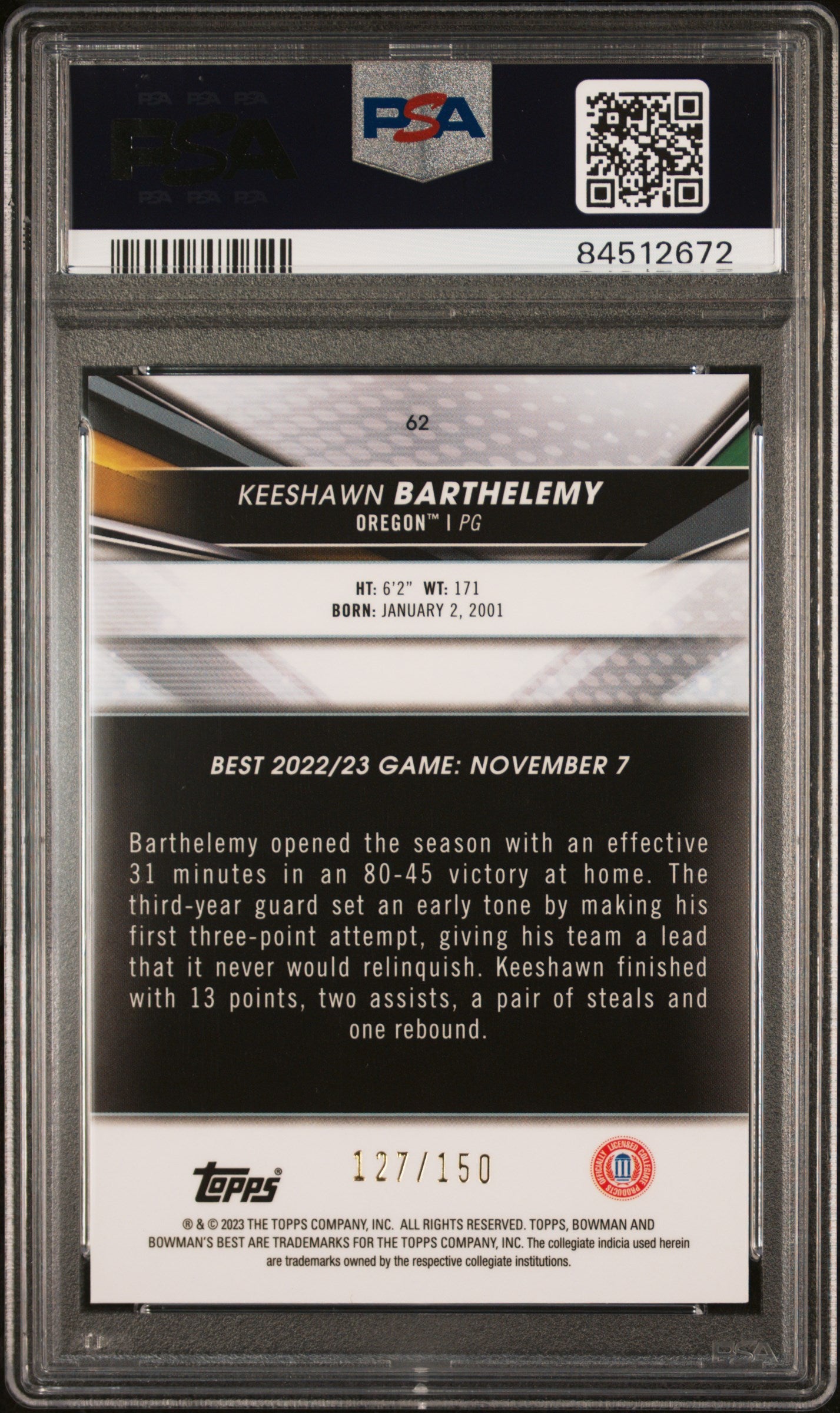 2022 Bowman University Best Blue Refractor Keeshawn Barthelemy #62 /150 PSA 10