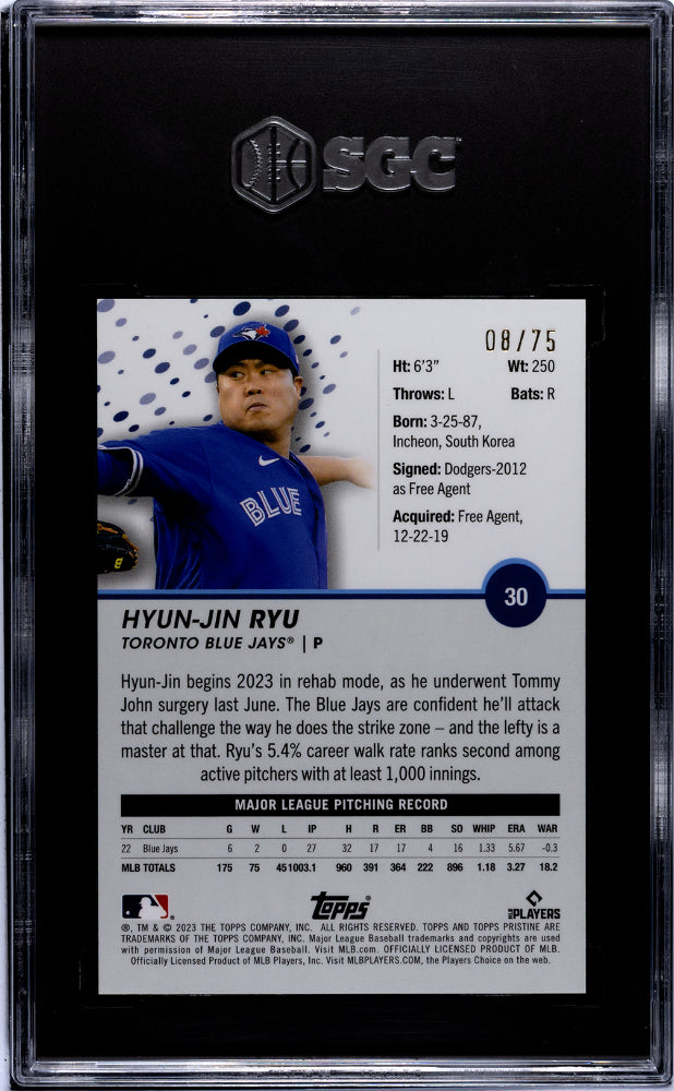 2023 Topps Pristine #30 Hyun-Jin Ryu Blue Refractor /75 SGC 9.5