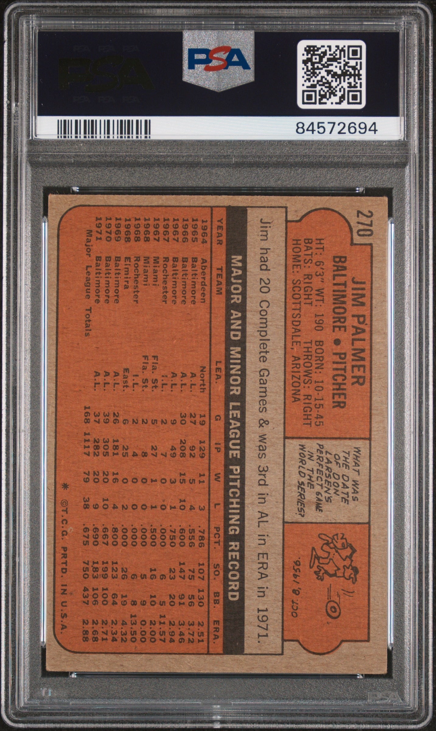 1972 Topps #270 Jim Palmer PSA 5