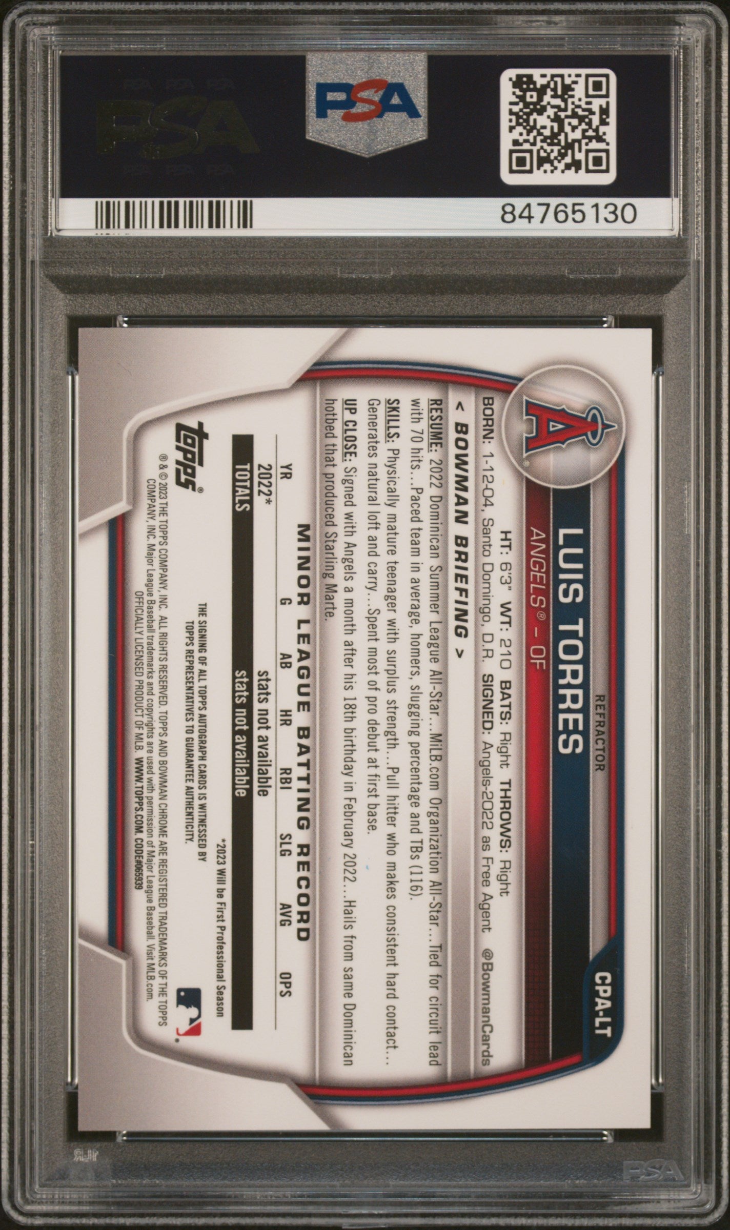2023 Bowman Chrome #CPALT Luis Torres Prospect Auto-Refractor /499 Auto PSA 10