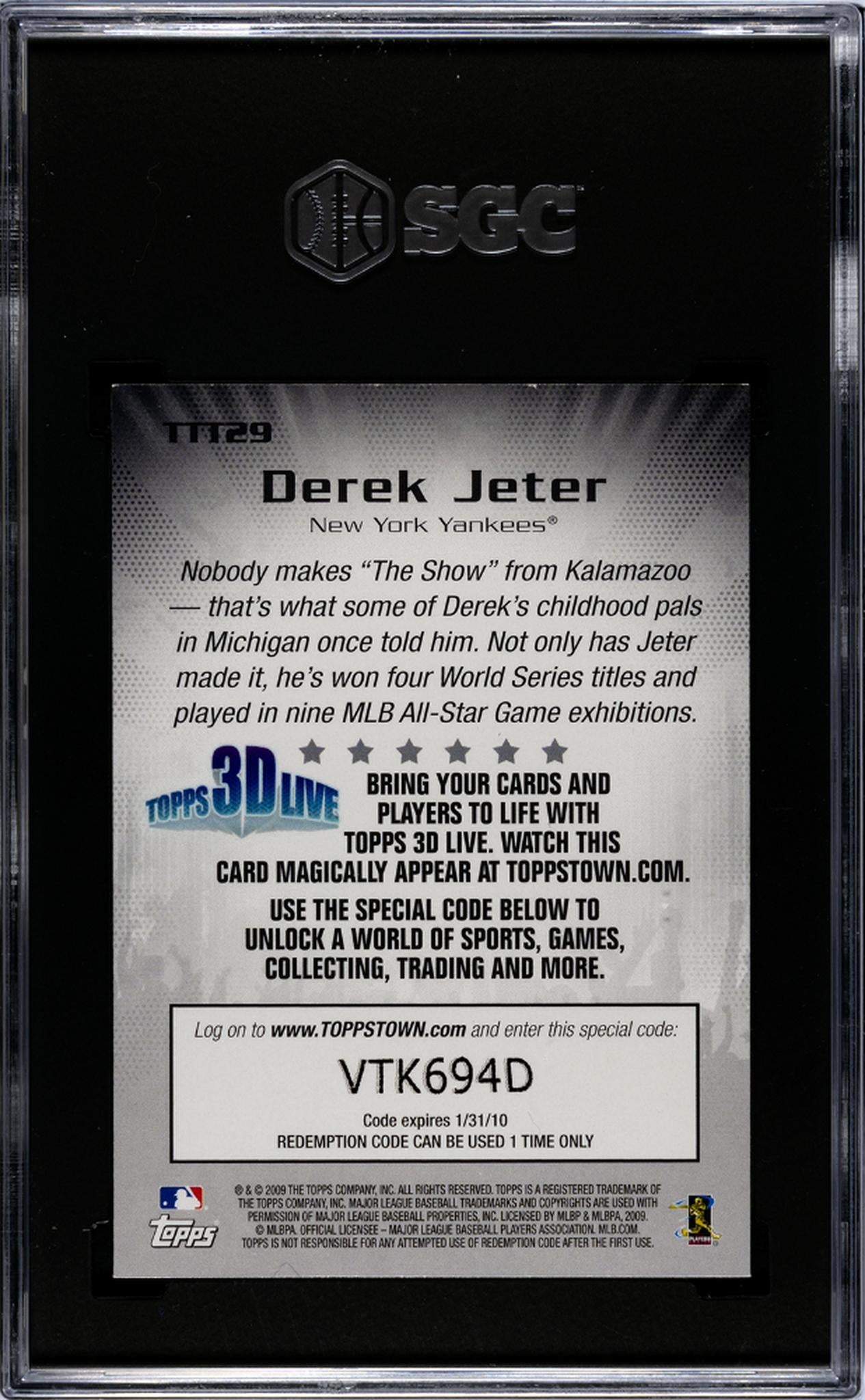 2009 Topps #TTT29 Derek Jeter Ticket To Topps Town SGC 9