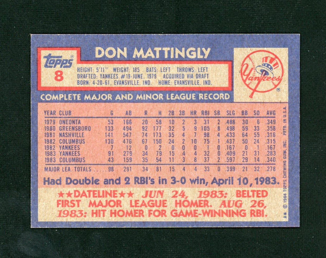 1984 Topps #8 Don Mattingly Rookie RC