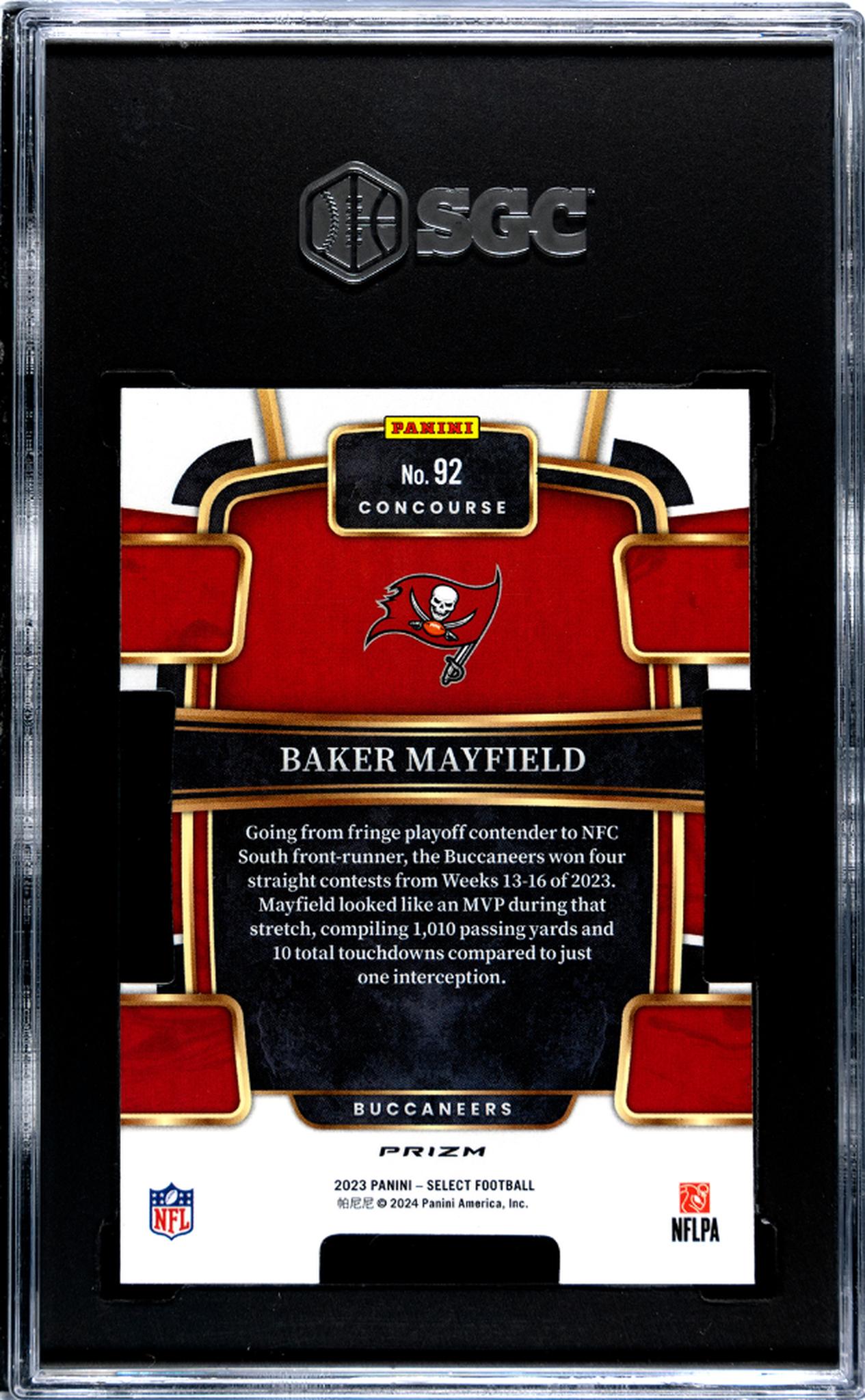 2023 Panini Select #92 Baker Mayfield Black/Green Die-Cut Prizm SGC 9