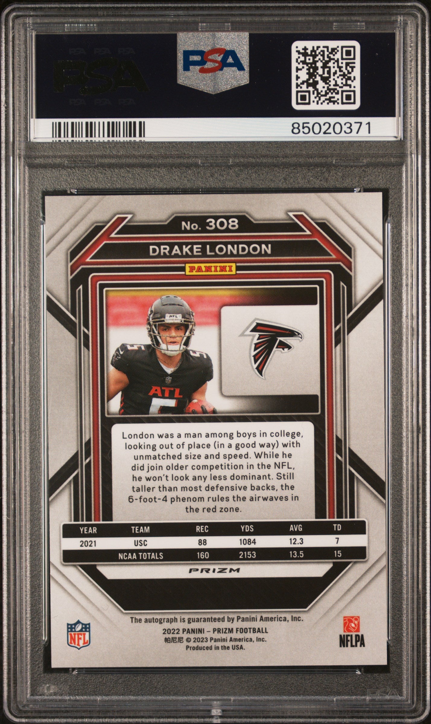 2022 Panini Prizm No Huddle Drake London #308 RC Auto PSA 9