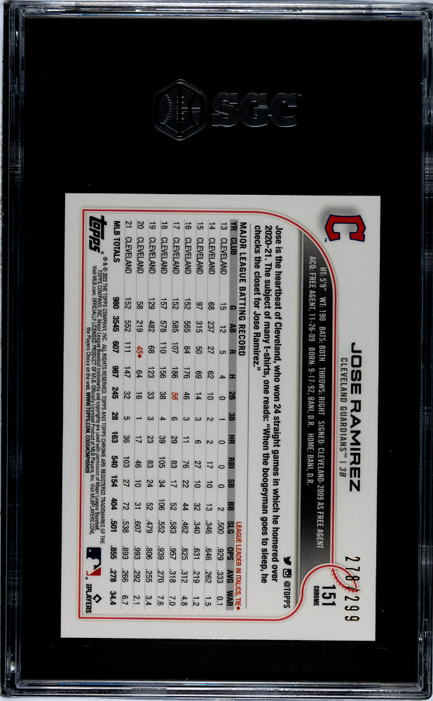 2022 Topps Chrome Purple/Yellow Sonic Pulse Ref Jose Ramirez #151 /299 SGC 10