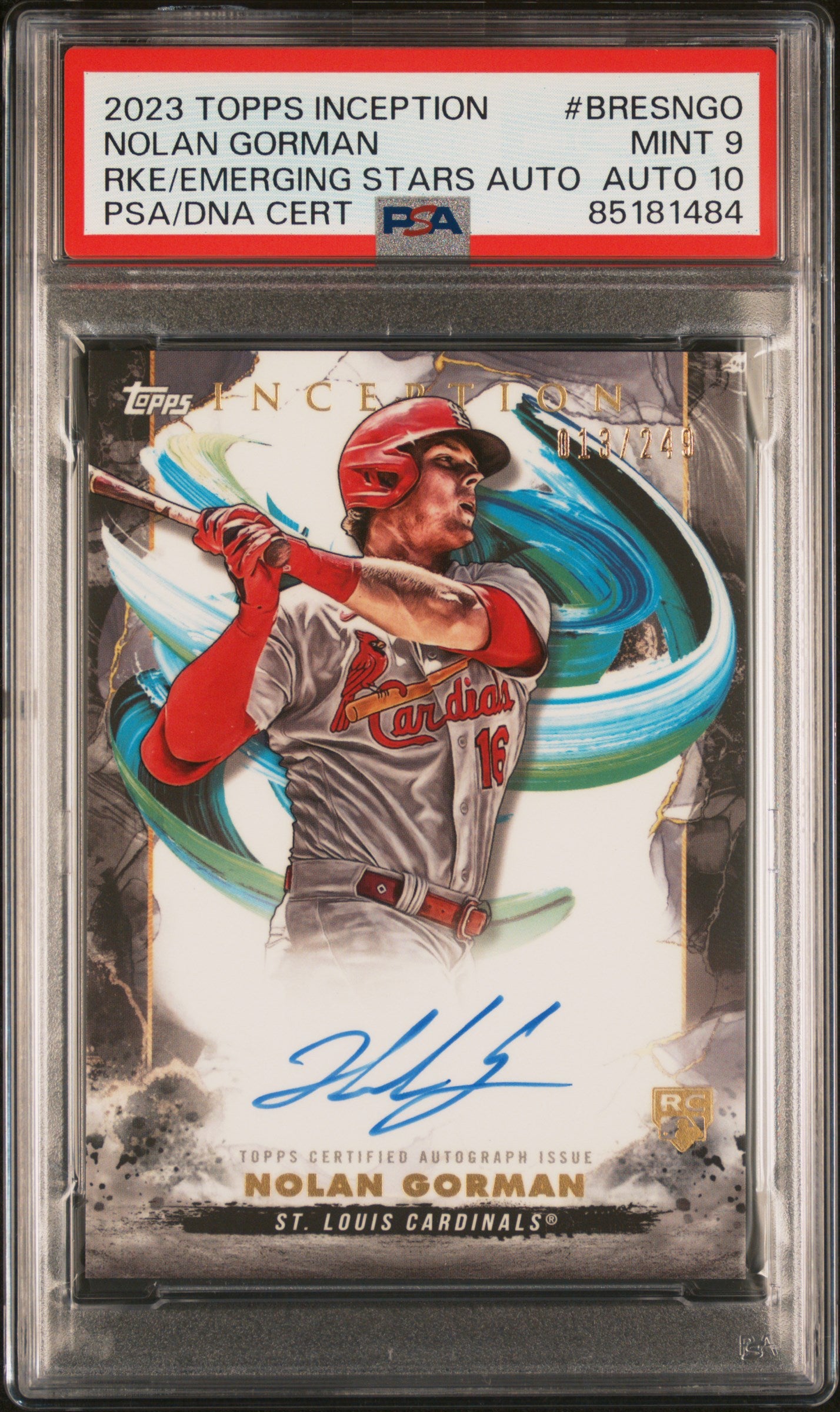 2023 Inception #BRESNGO Nolan Gorman Rookies & Emerging Stars /249 PSA 9