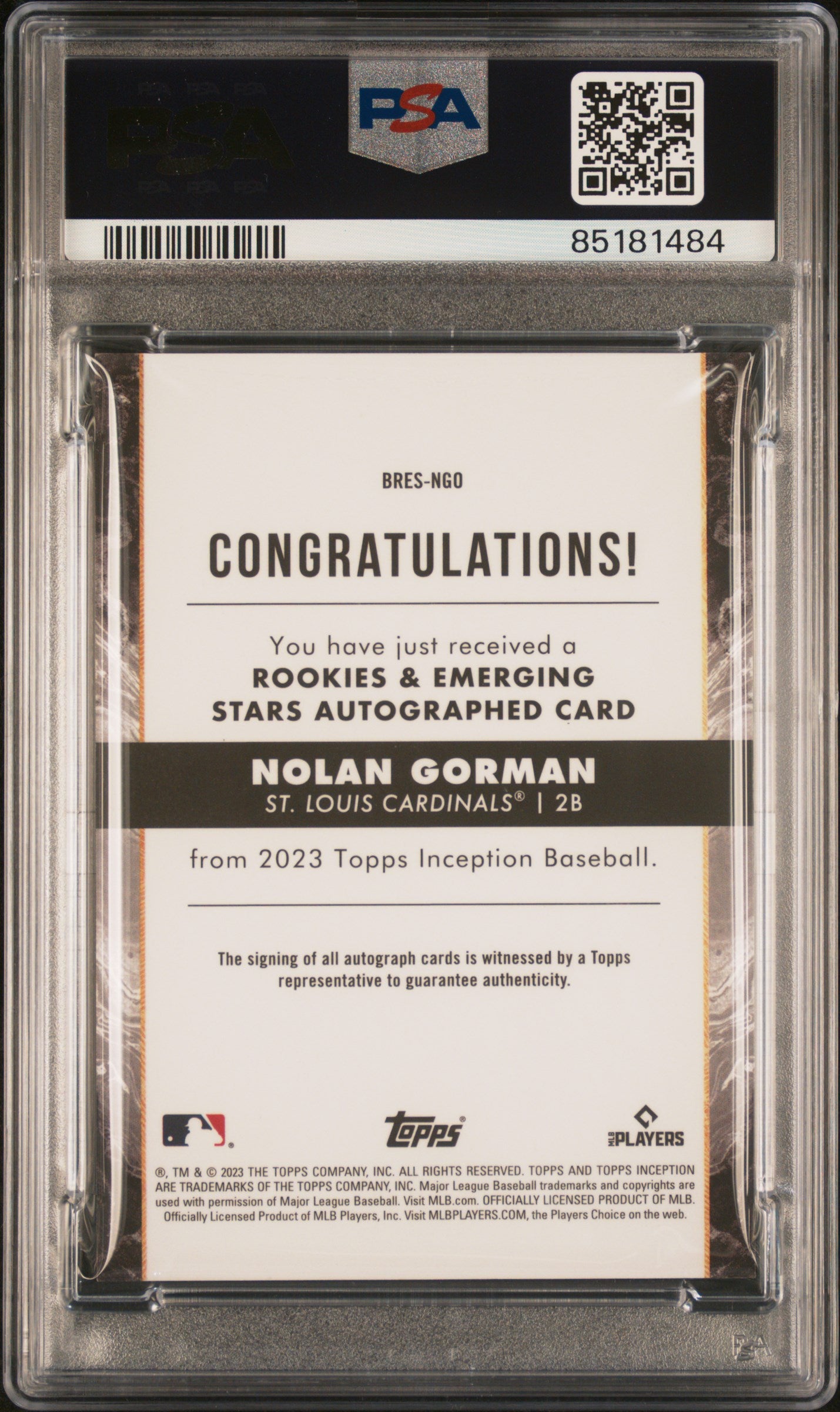 2023 Inception #BRESNGO Nolan Gorman Rookies & Emerging Stars /249 PSA 9