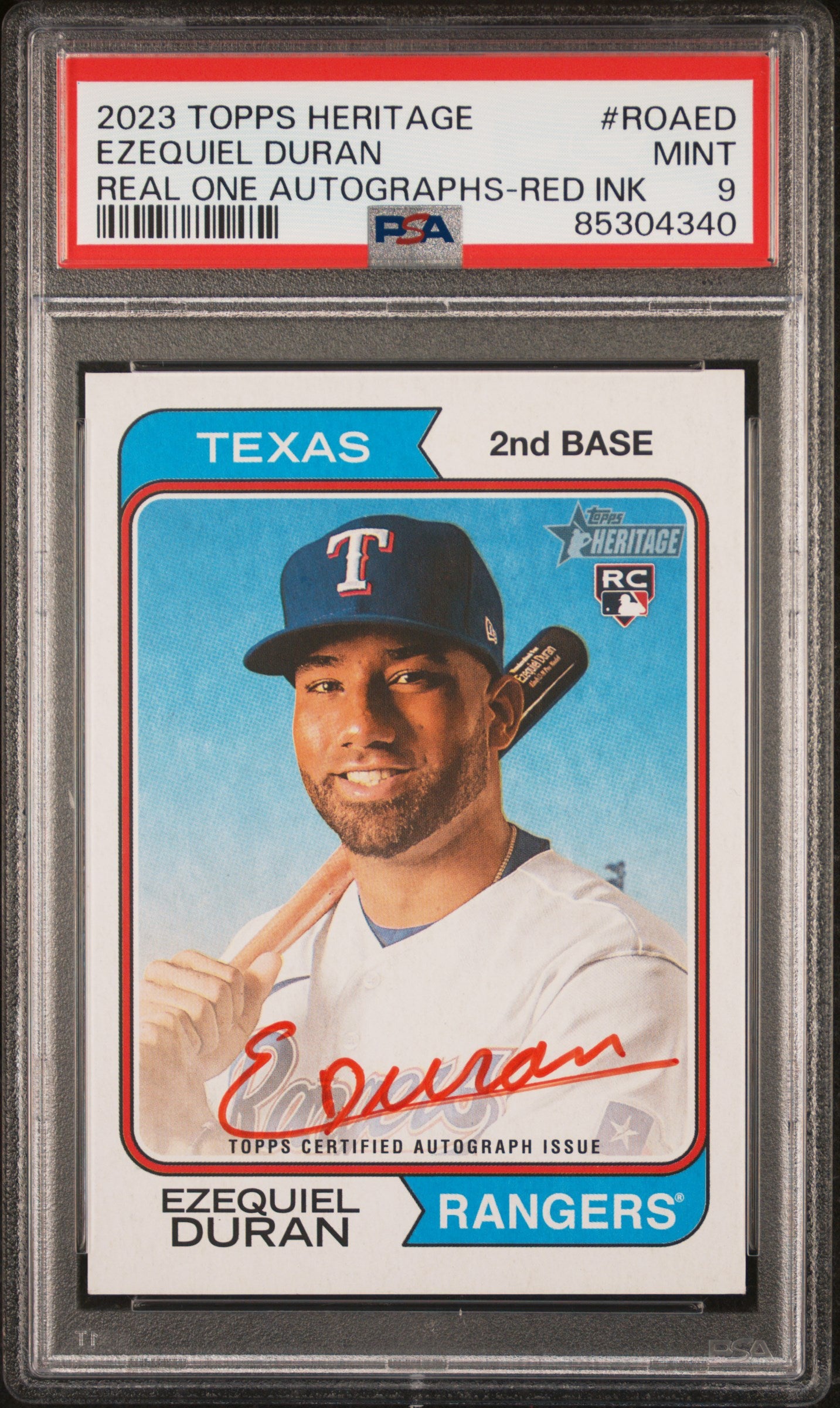 2023 Topps Heritage Real One Red Ink Ezequiel Duran #ROA-ED RC Auto /74 PSA 9