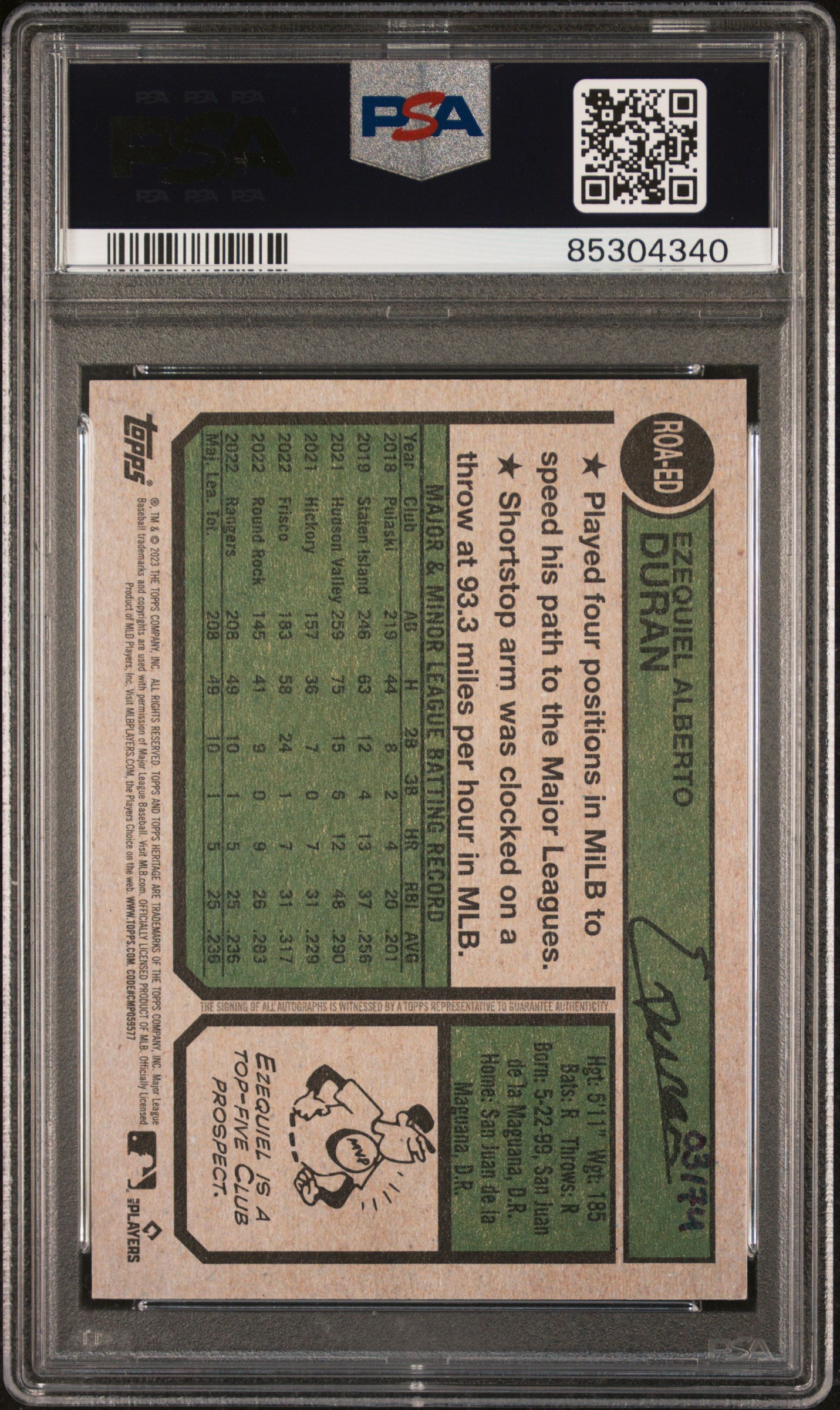 2023 Topps Heritage Real One Red Ink Ezequiel Duran #ROA-ED RC Auto /74 PSA 9
