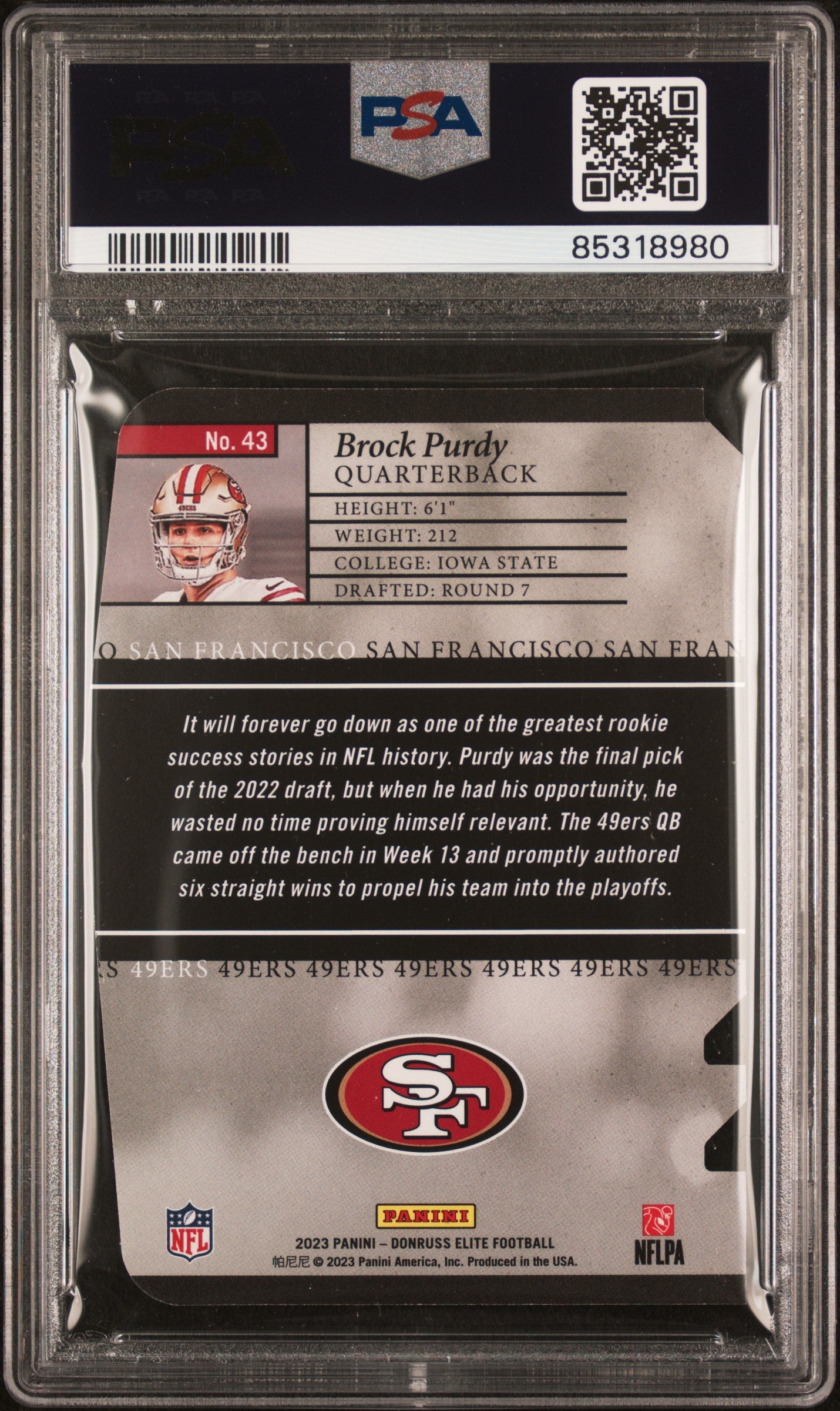 2023 Panini Donruss Elite 2003 Elite Status Die-Cut Brock Purdy #43 /76 PSA 10