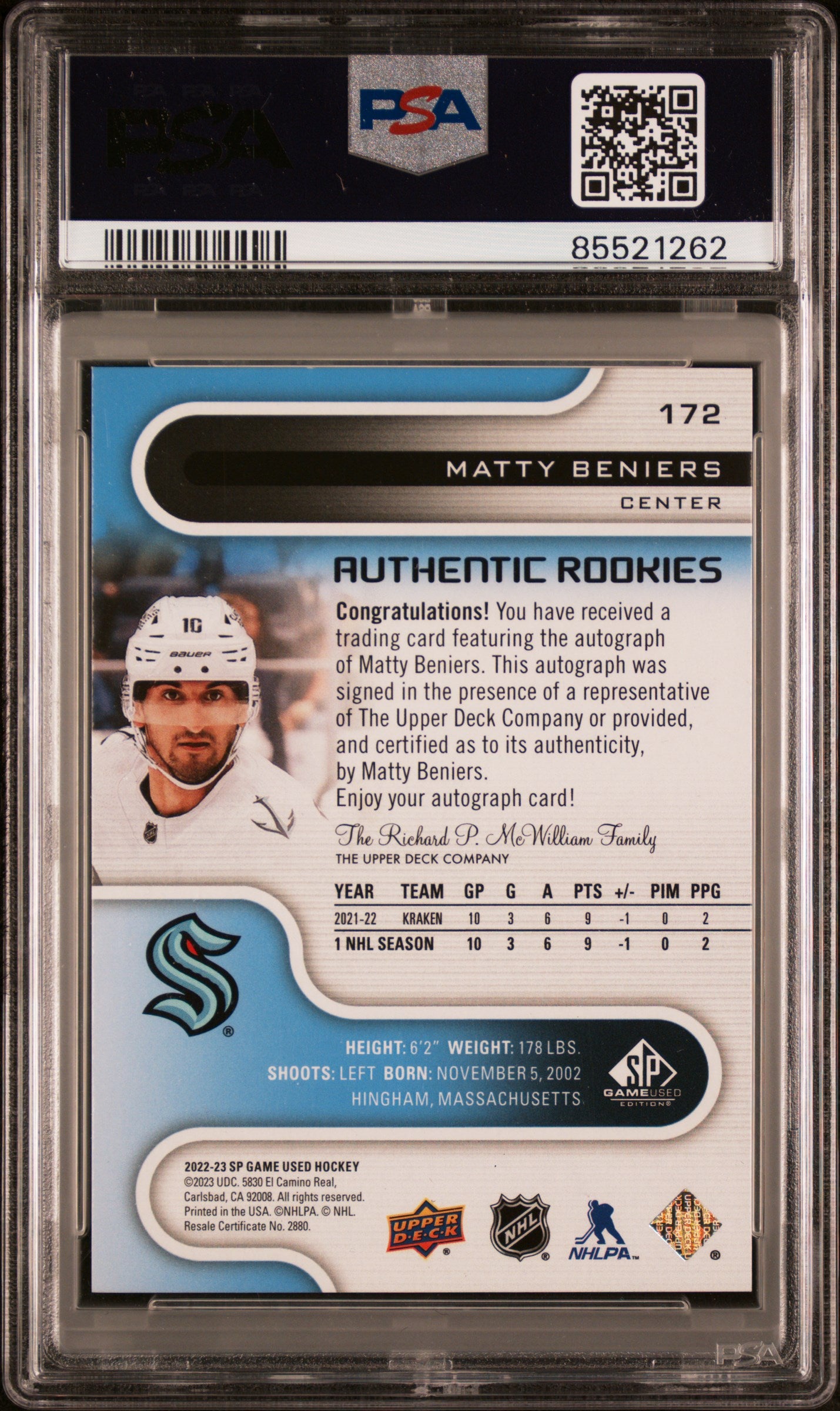 2022 Upper Deck SP Game Used Authentic Rookies Matty Beniers #172 Auto PSA 8