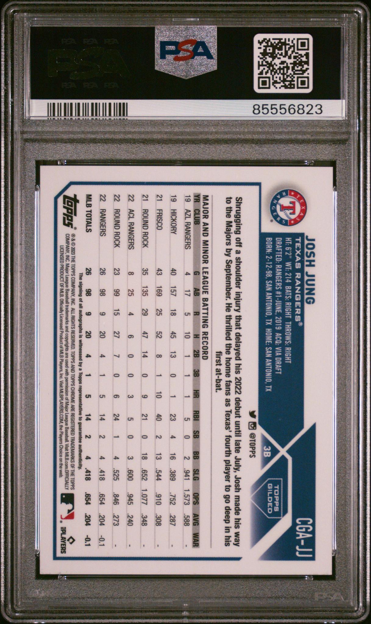 2023 Topps Chrome Gilded Collection #CGAJJ Josh Jung Gold Etch Autograph Blue Refractor /50 PSA 10