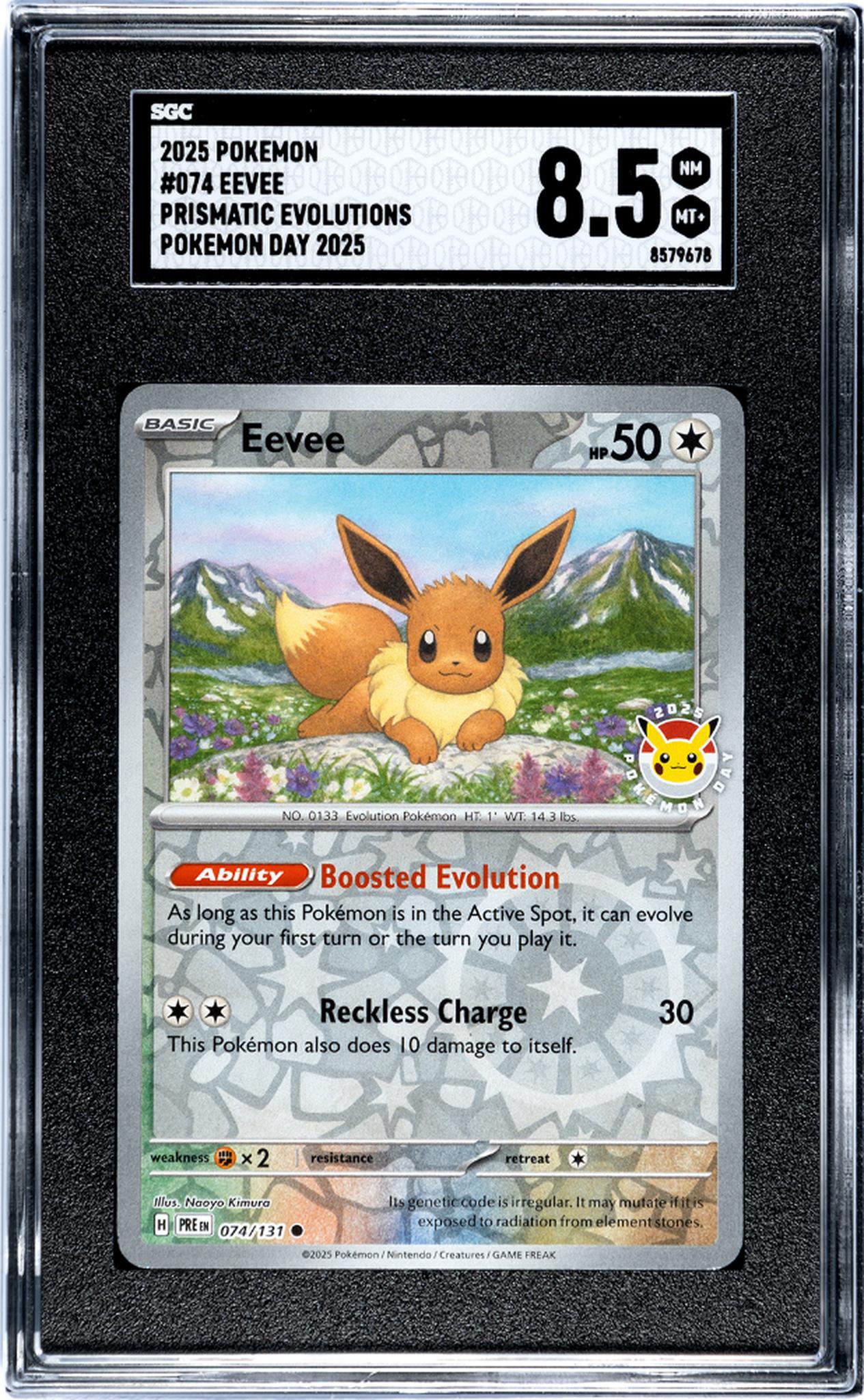 2025 Prismatic Evolutions #074/131 Eevee Pokemon Day 2025 SGC 8.5
