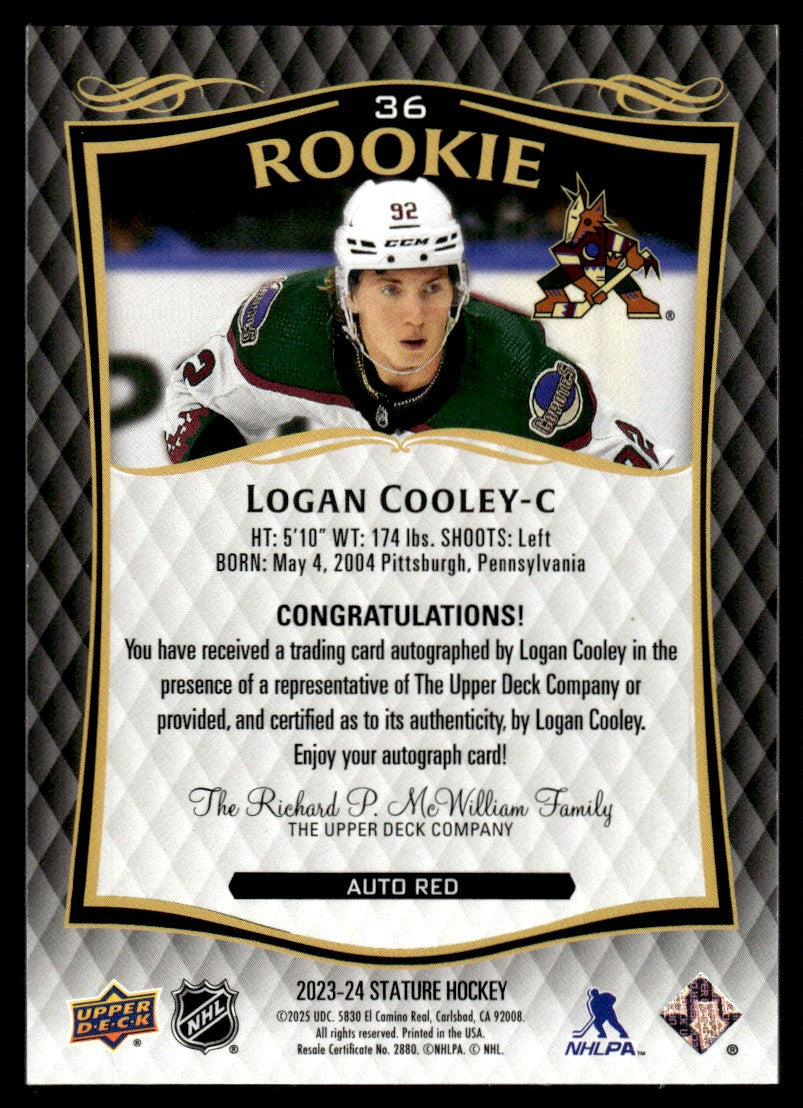 2023 Upper Deck Stature 36 Logan Cooley Auto Red Rookie /99 Coyotes