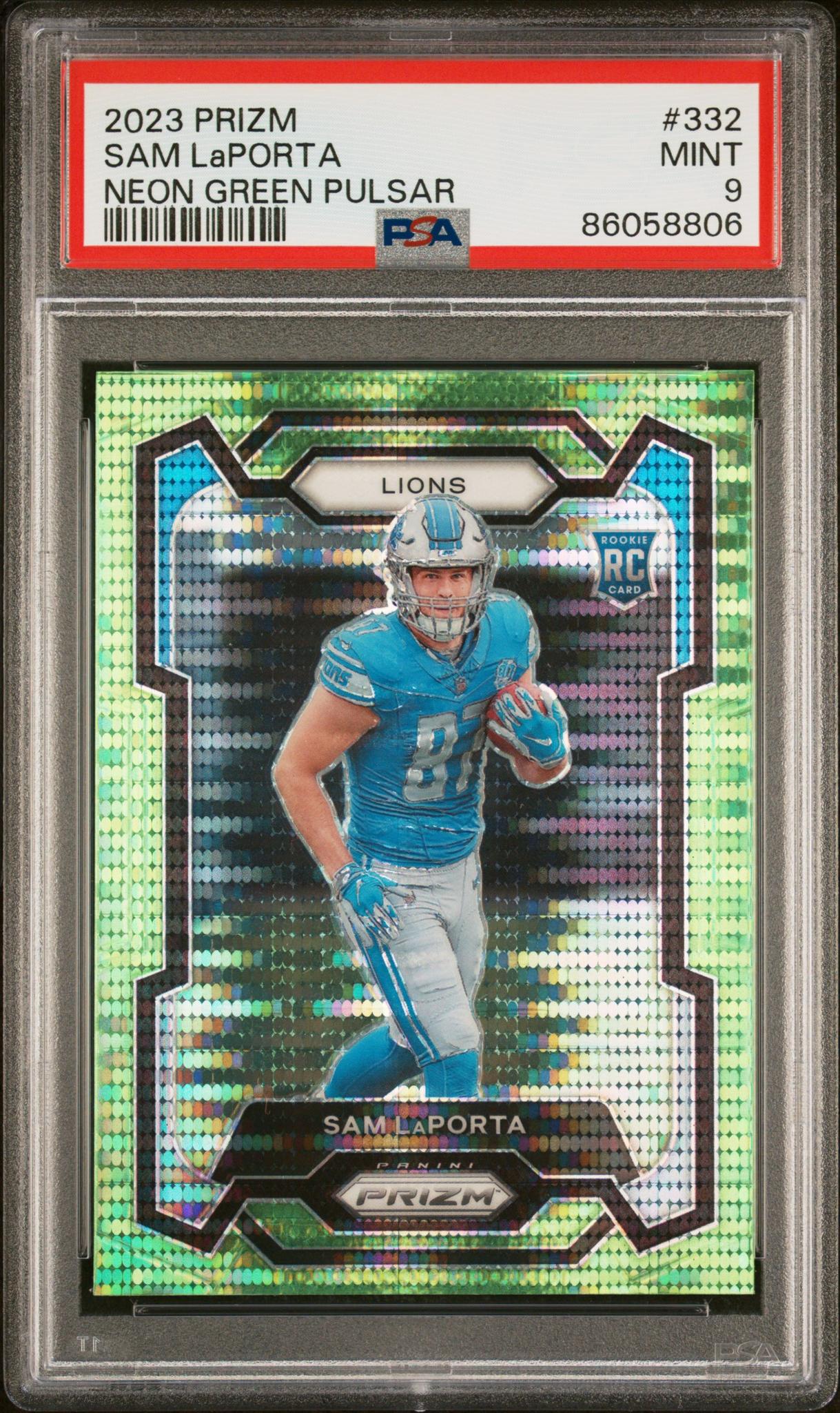 2023 Panini Prizm Neon Green Pulsar Disco Prizm Sam Laporta #332 PSA 9