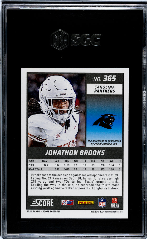 2024 Panini Score Jonathon Brooks #365 RC Auto SGC 10 Auto 10