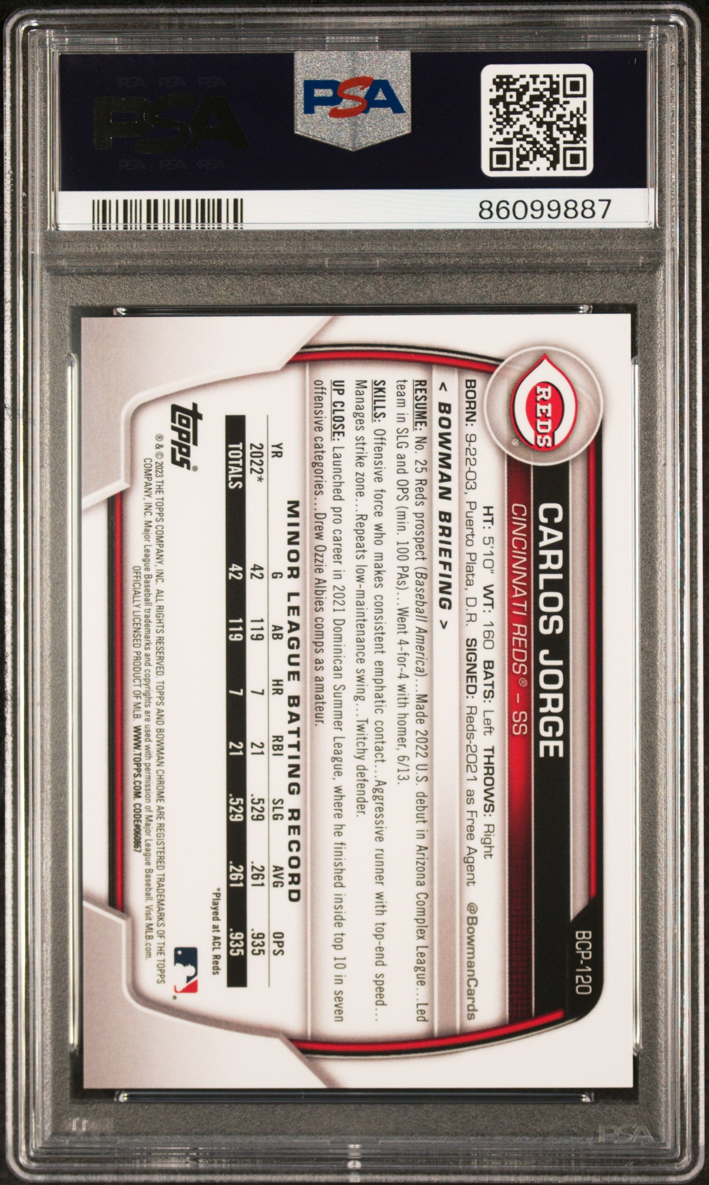 2023 Bowman Mega Box Chrome Yellow Refractor Carlos Jorge /75 #BCP120 PSA 9