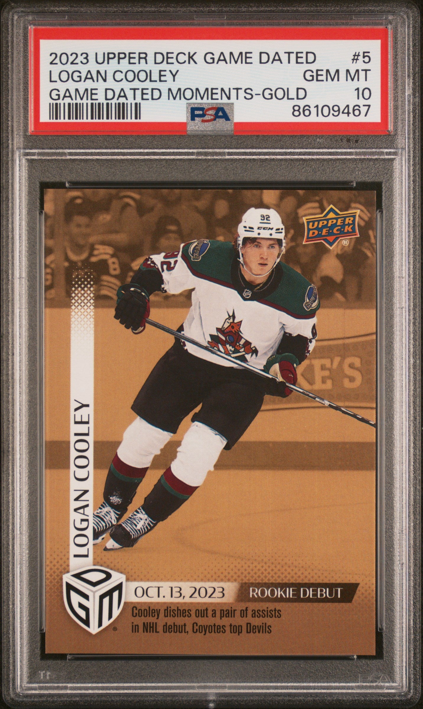 2023 Upper Deck Game Dated Moments Gold Logan Cooley #5 Rookie Debut /100 PSA 10