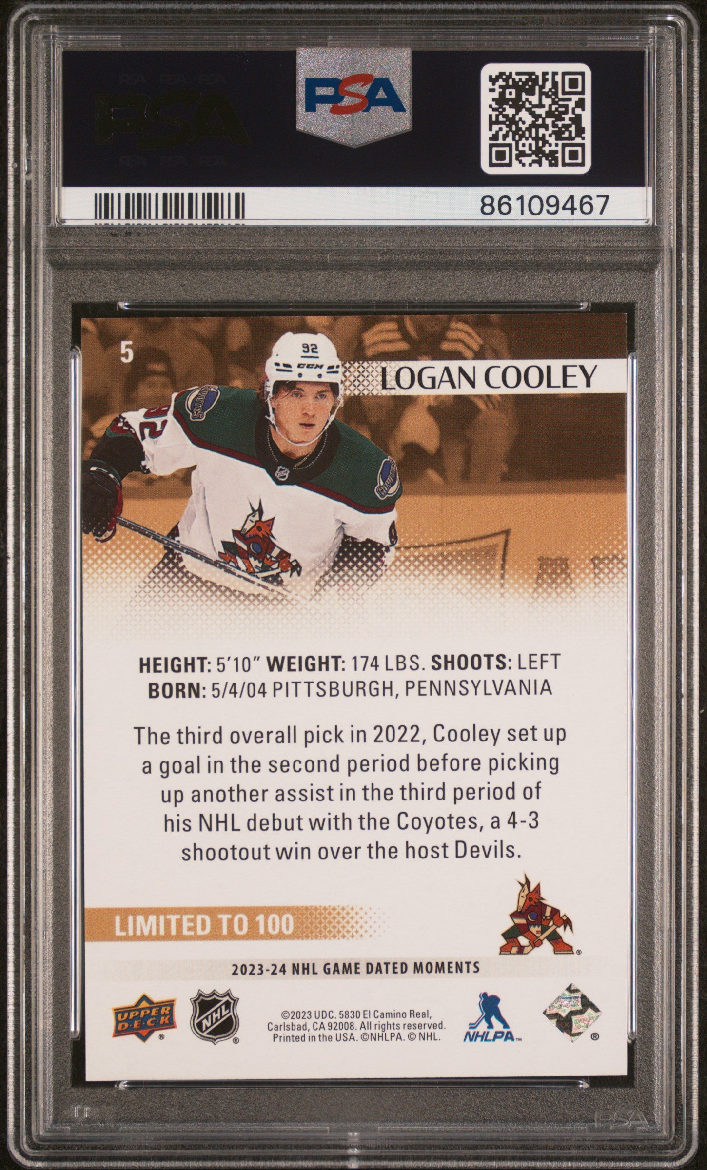 2023 Upper Deck Game Dated Moments Gold Logan Cooley #5 Rookie Debut /100 PSA 10