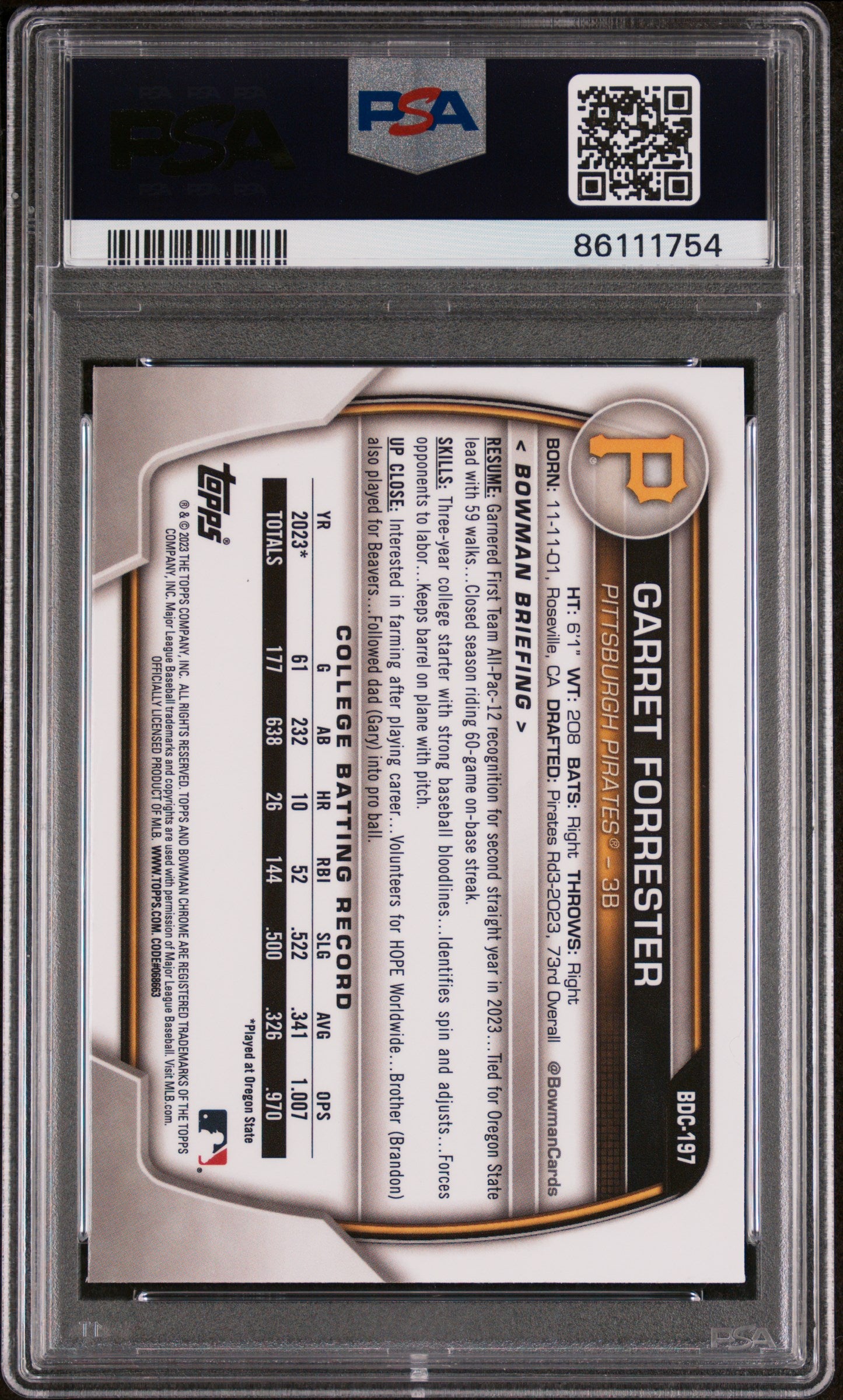 2023 Bowman Draft Chrome-Yellow Lunar Crater Garret Forrester /75 PSA 9