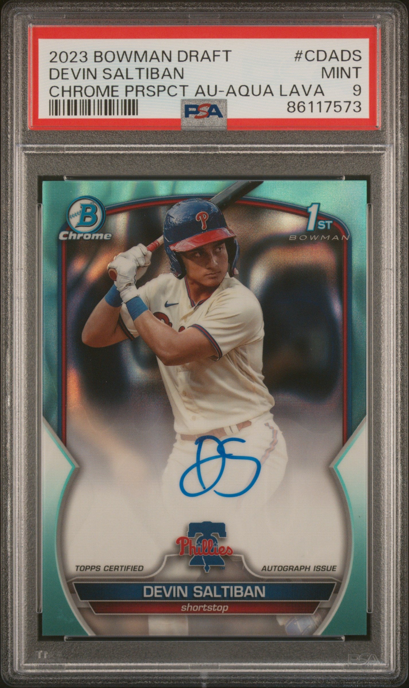 2023 Topps Bowman Draft Chrome Aqua Lava Devin Saltiban #CDA-DS Auto /199 PSA 9